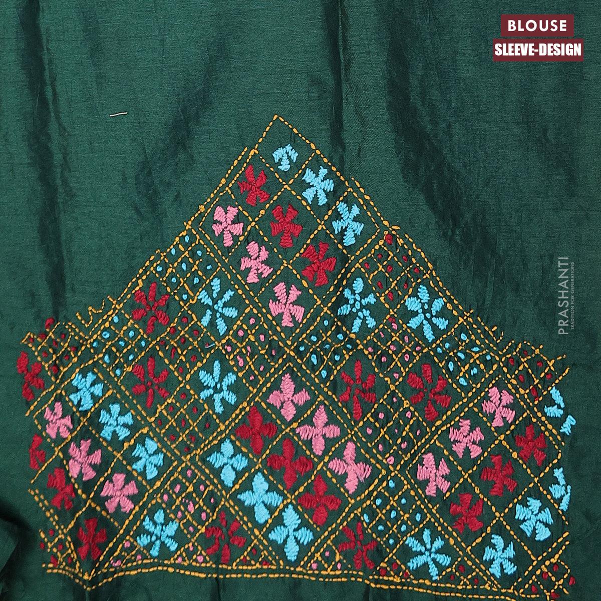 Dola silk saree light blue and dark green with zari checked pattern and zari woven border with embroidery work blouse - Image 5