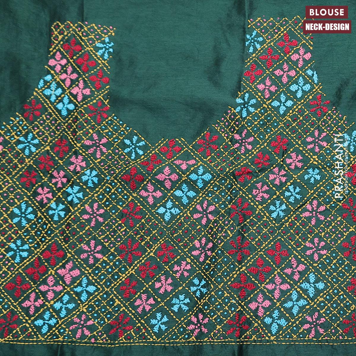 Dola silk saree light blue and green with zari checked pattern and zari woven border with embroidery work blouse - Image 4