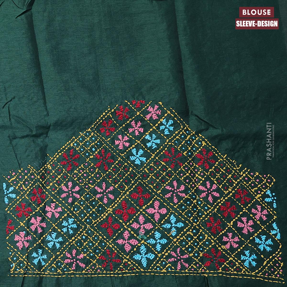 Dola silk saree light blue and green with zari checked pattern and zari woven border with embroidery work blouse - Image 5
