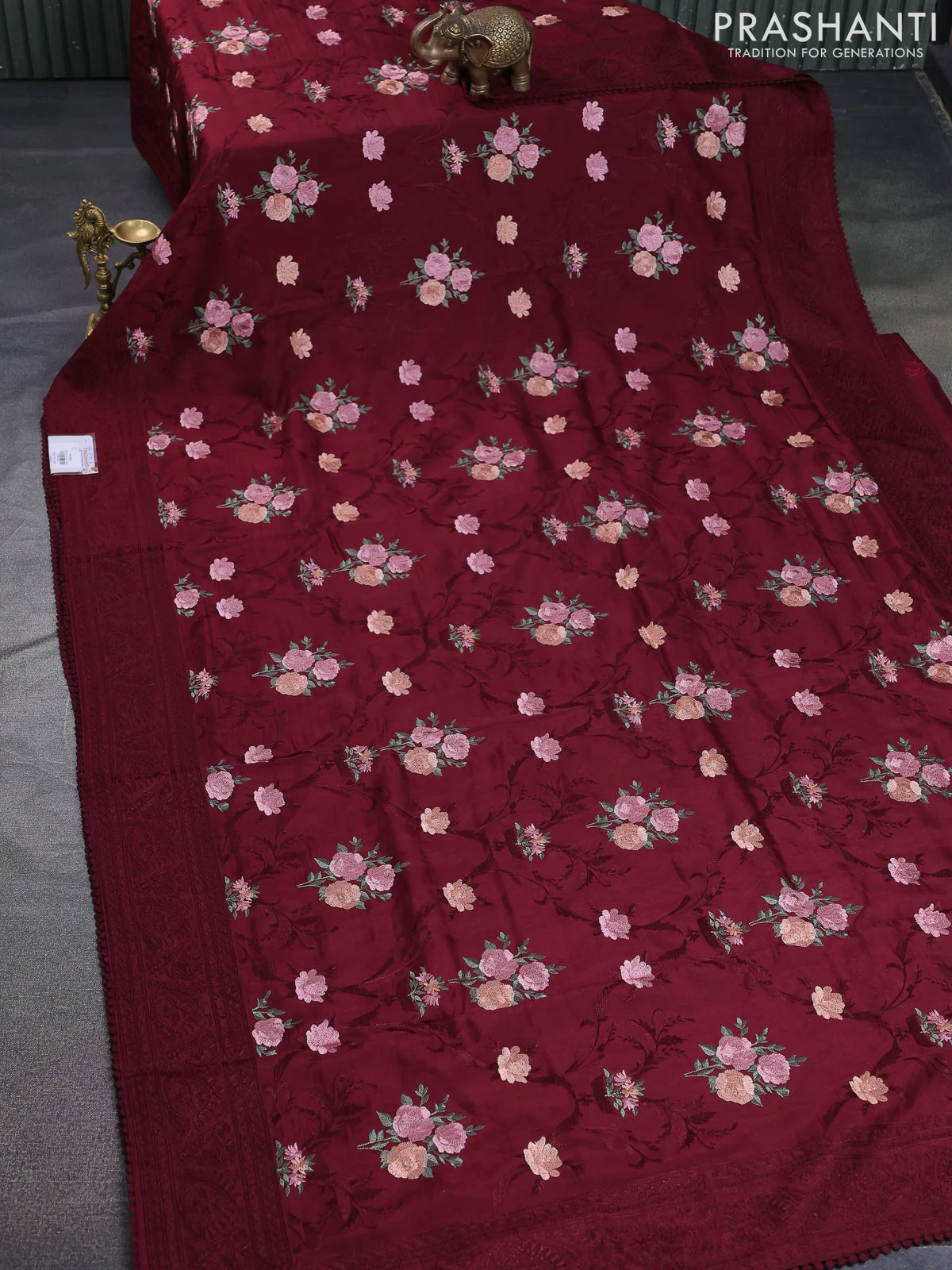 Dola silk saree maroon with allover floral embroidery work and chikankari work border - Image 2