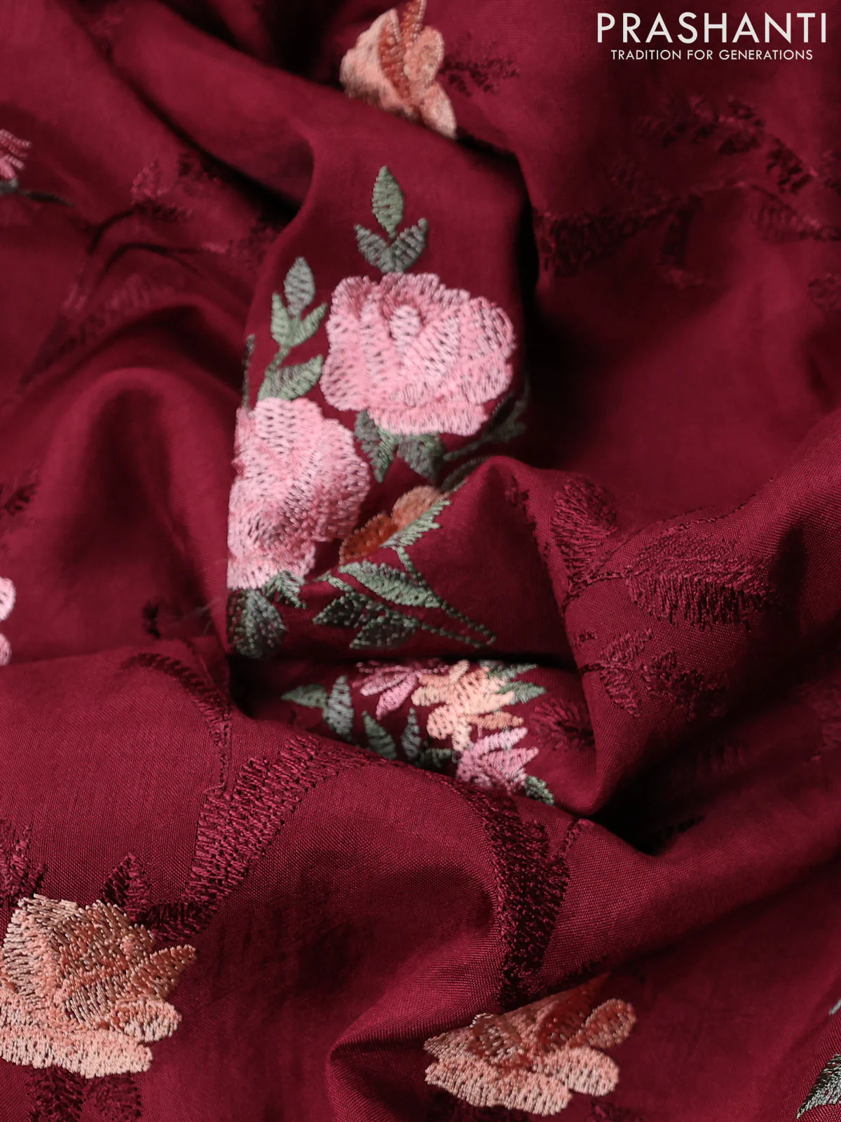 Dola silk saree maroon with allover floral embroidery work and chikankari work border - Image 3