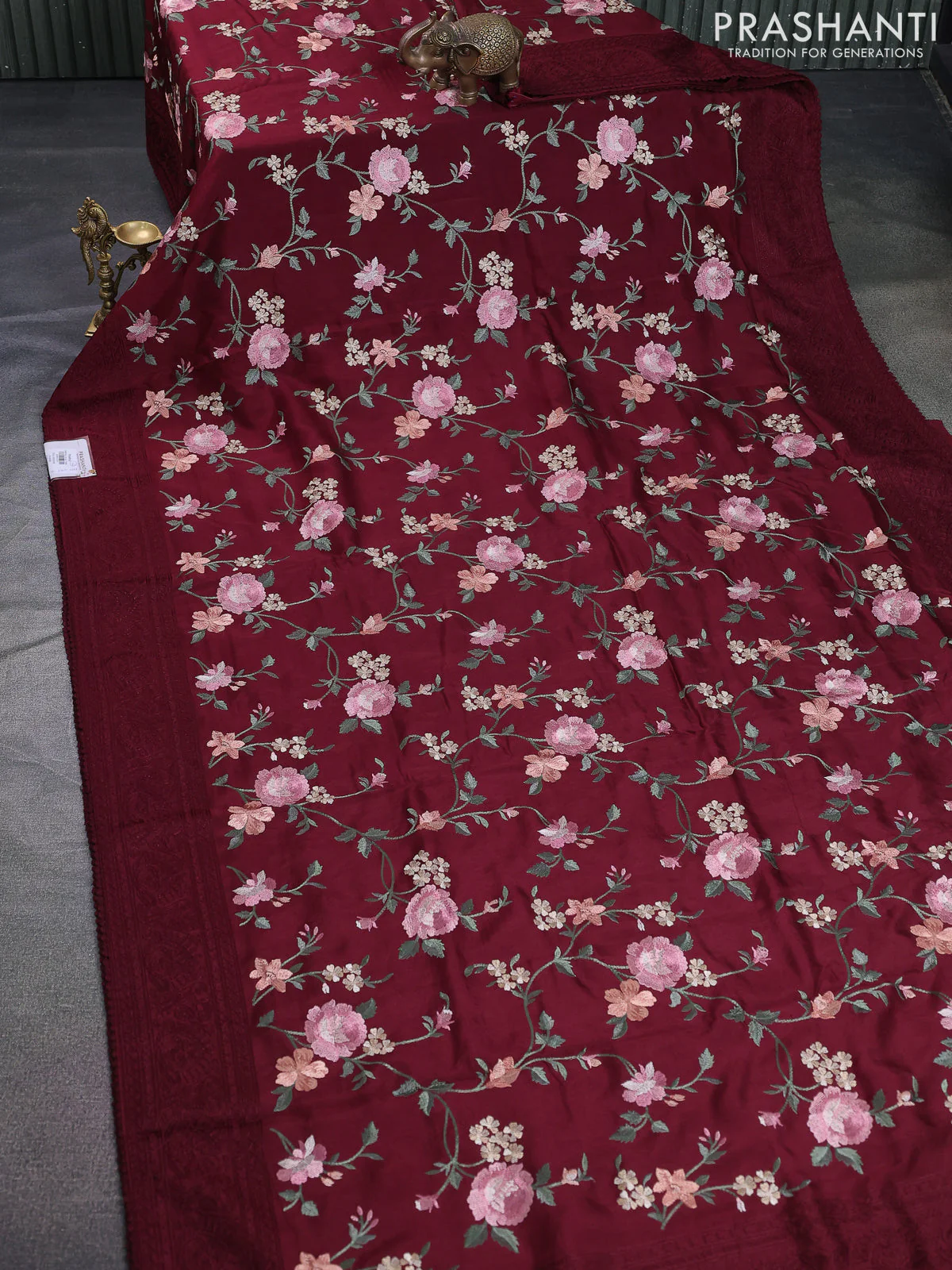 Dola silk saree maroon with allover floral embroidery work and chikankari work border - Image 2