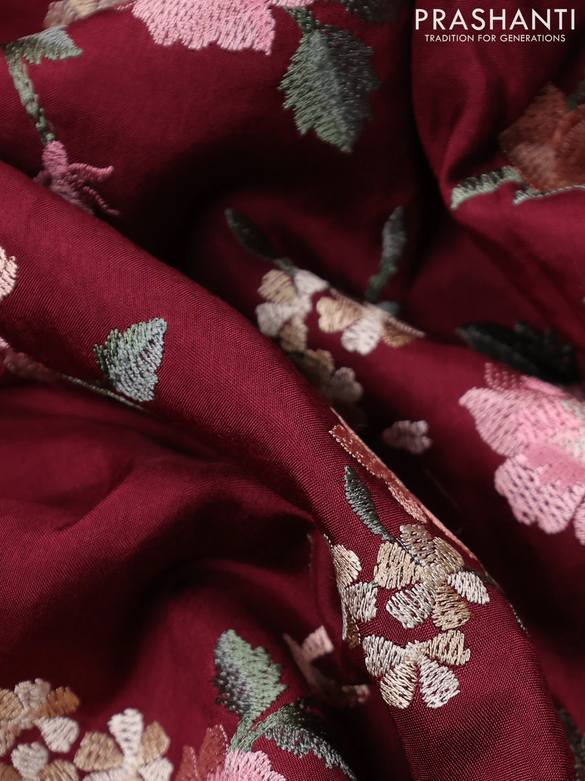 Dola silk saree maroon with allover floral embroidery work and chikankari work border - Image 3