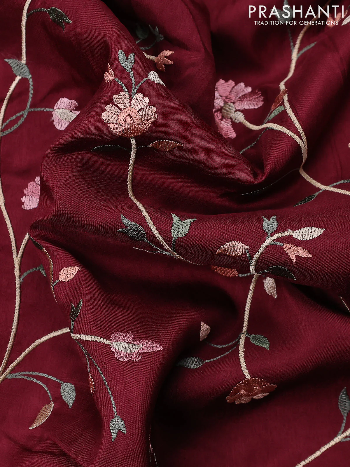 Dola silk saree maroon with allover floral embroidery work and chikankari work border - Image 3