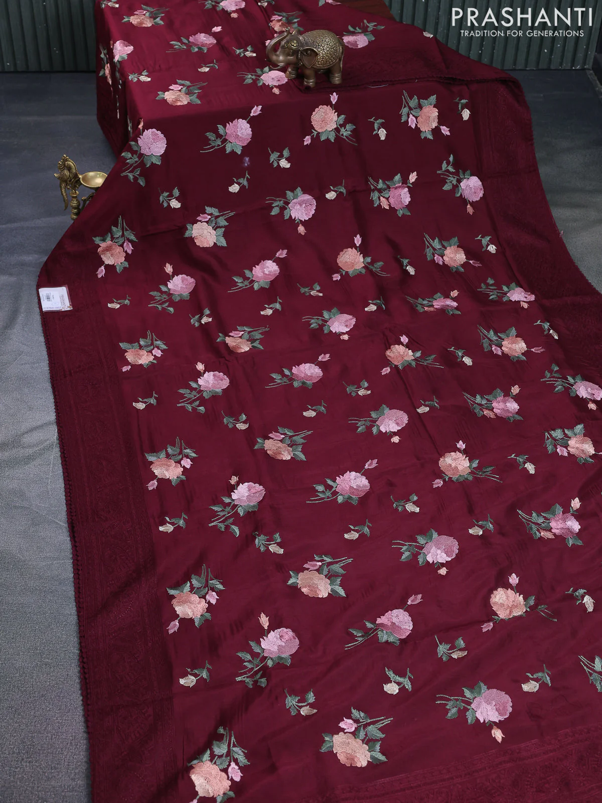Dola silk saree maroon with allover floral embroidery work and chikankari work border - Image 2
