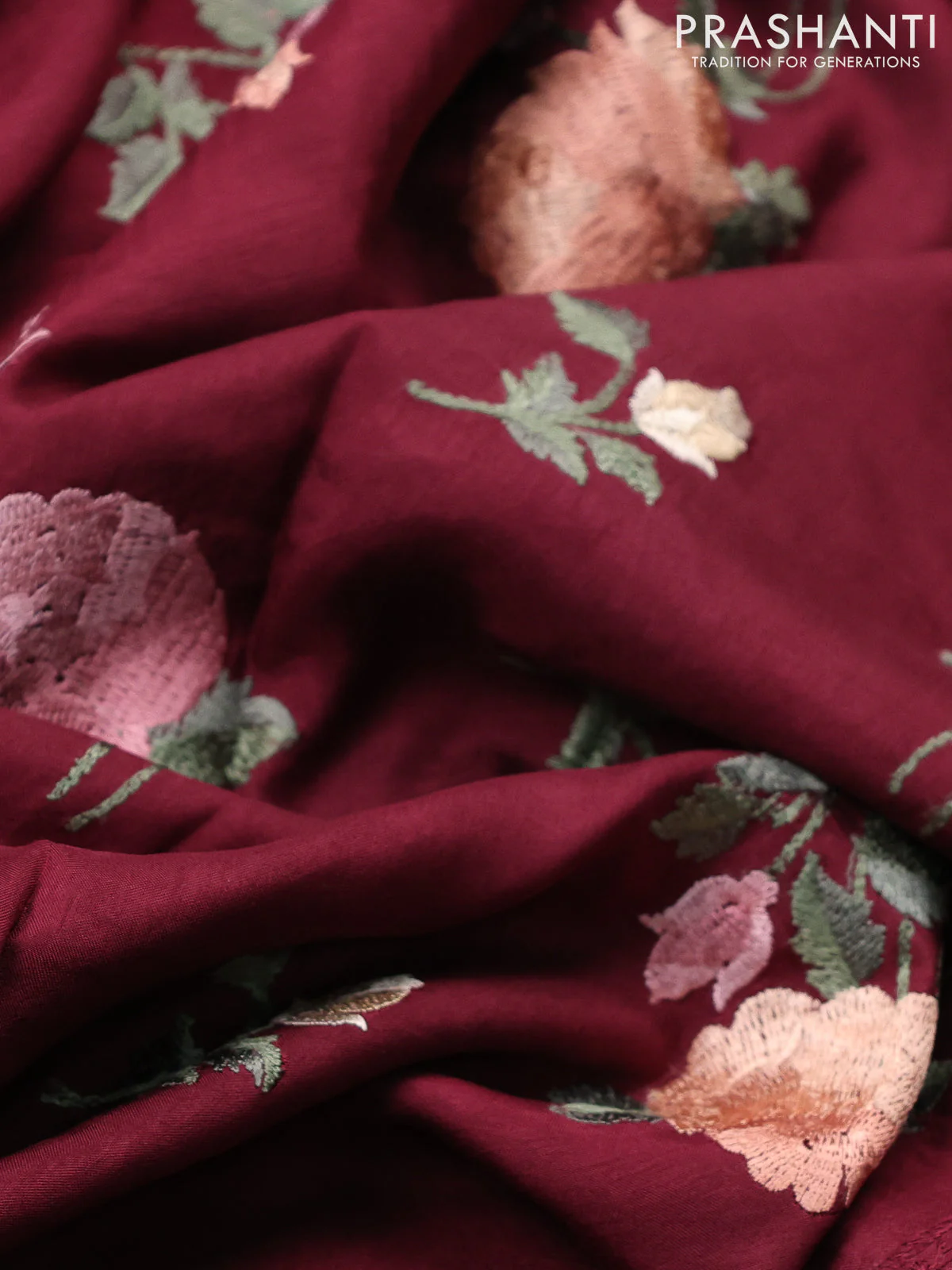 Dola silk saree maroon with allover floral embroidery work and chikankari work border - Image 3