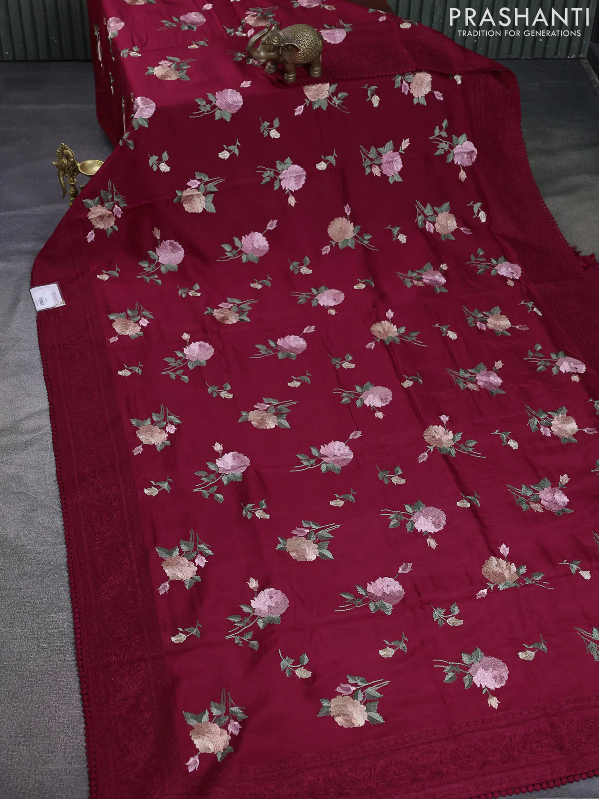 Dola silk saree maroon with allover floral embroidery work and chikankari work border - Image 2