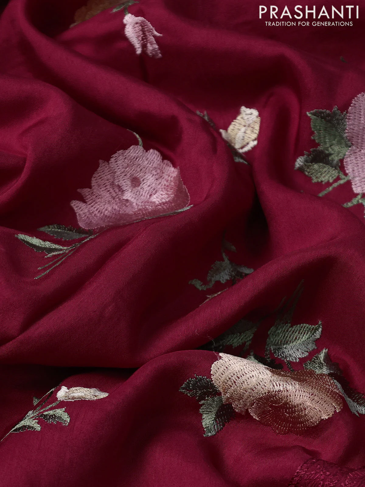 Dola silk saree maroon with allover floral embroidery work and chikankari work border - Image 3