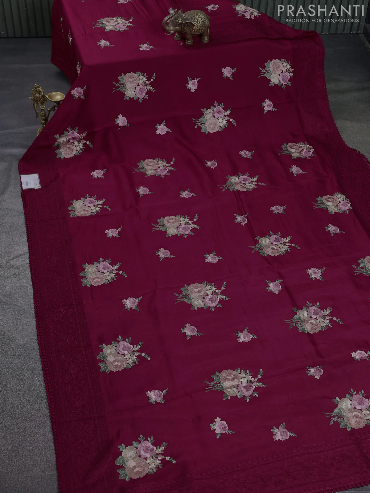 Dola silk saree maroon with allover floral embroidery work and chikankari work border - Image 2