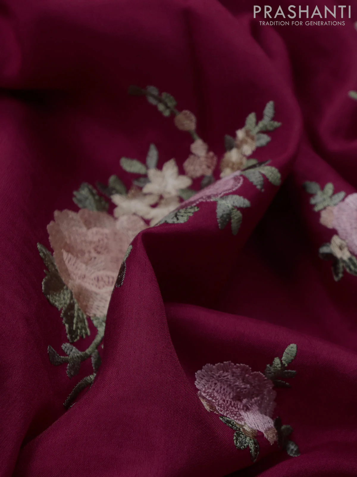 Dola silk saree maroon with allover floral embroidery work and chikankari work border - Image 3