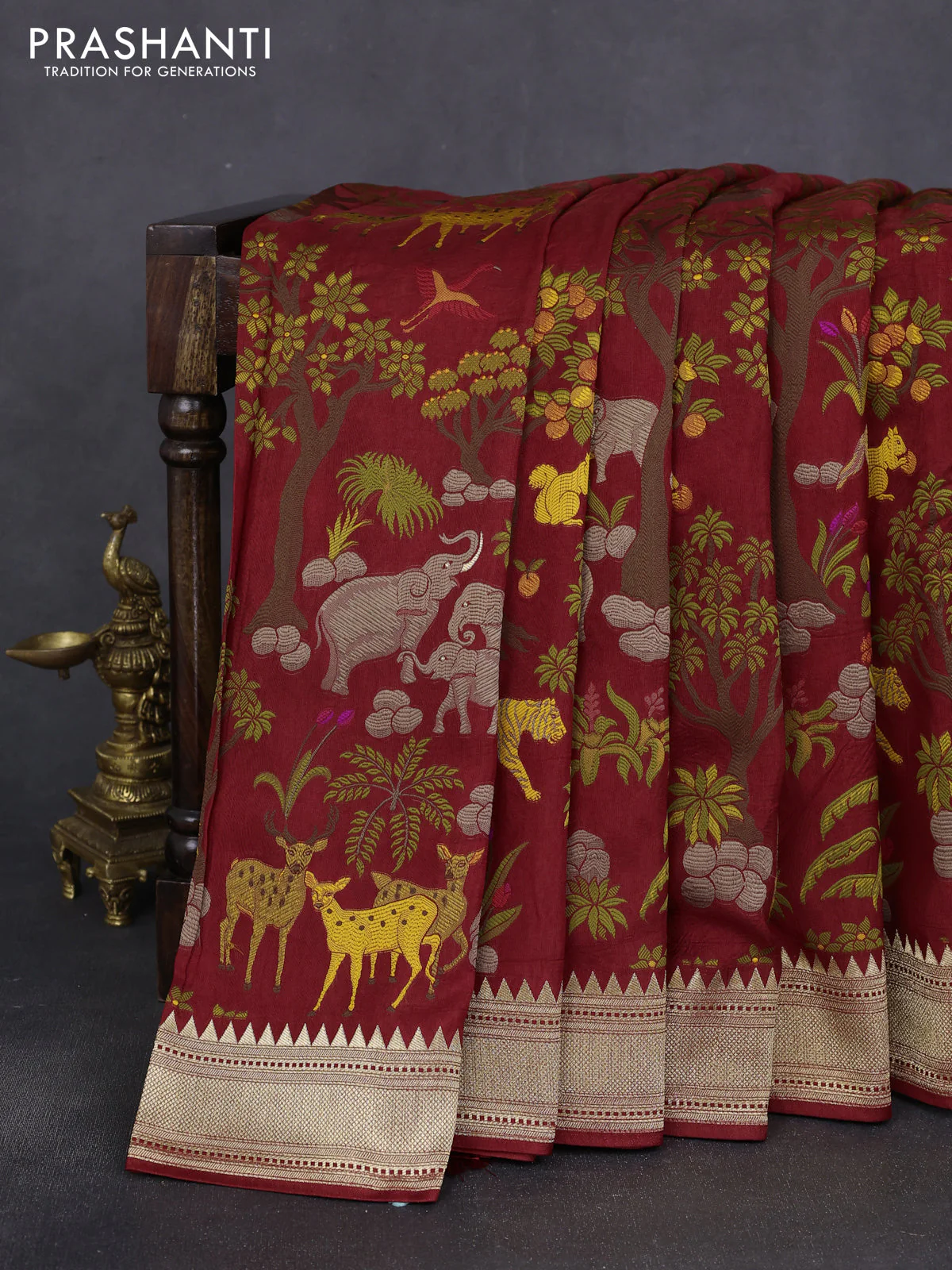 Dola silk saree maroon with allover shikarga weaves and zari woven border - Image 2