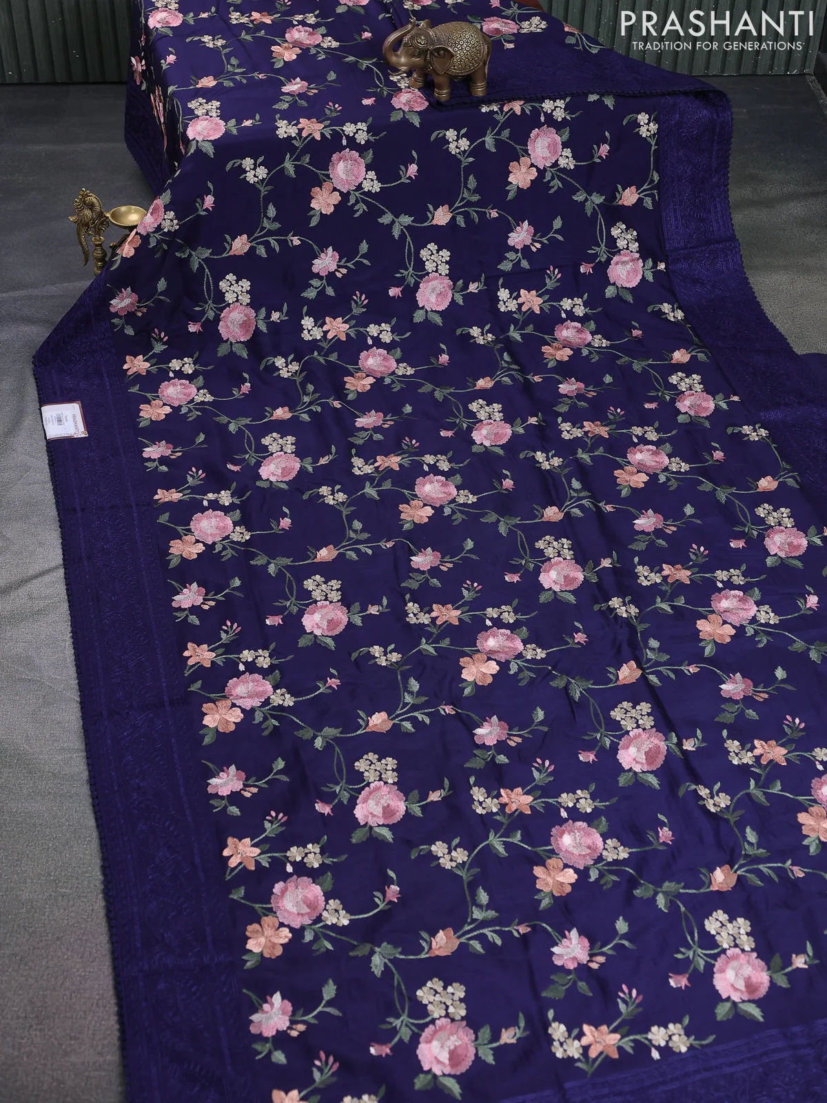 Dola silk saree navy blue with allover floral embroidery work and chikankari work border - Image 2