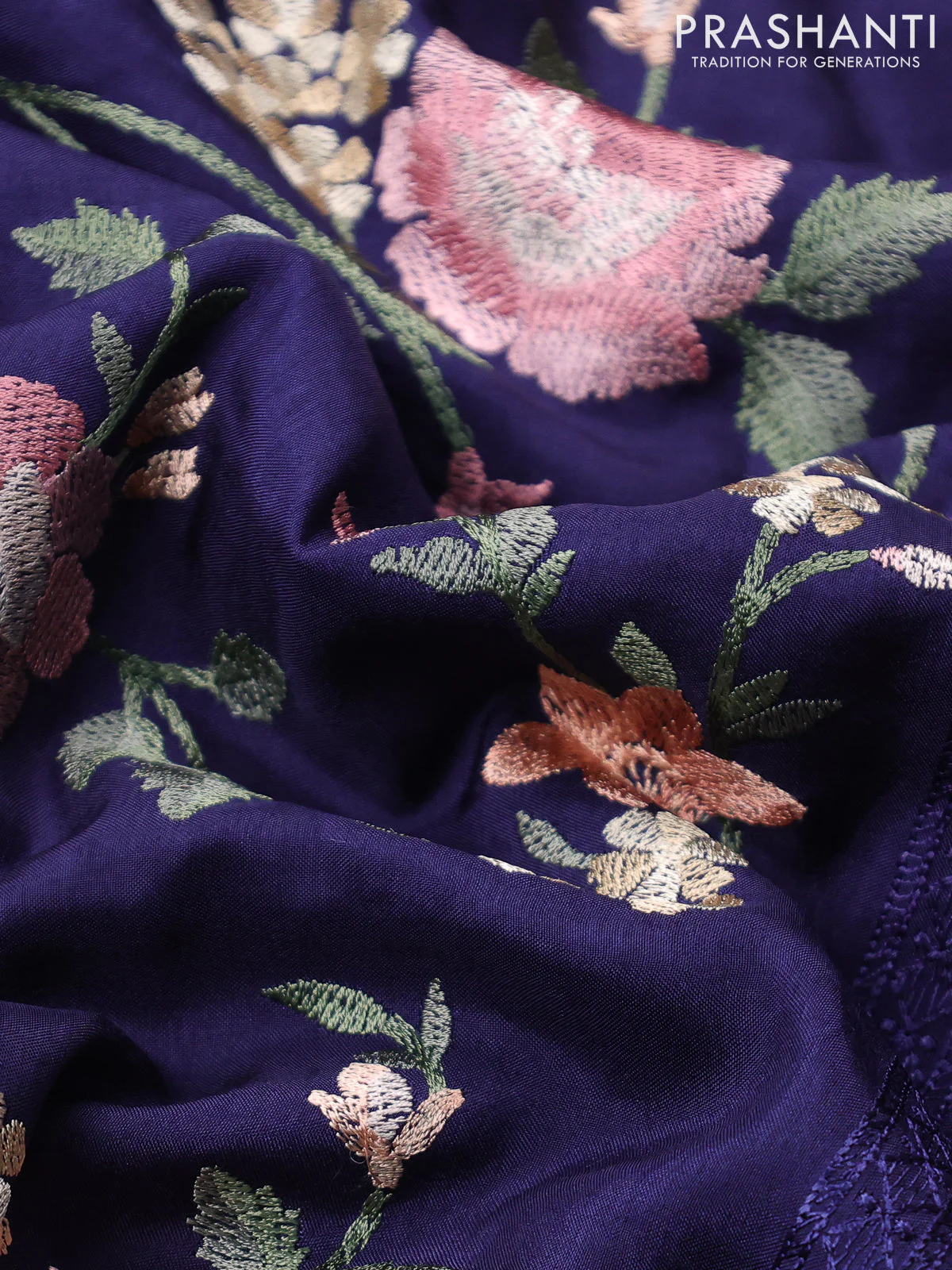 Dola silk saree navy blue with allover floral embroidery work and chikankari work border - Image 3
