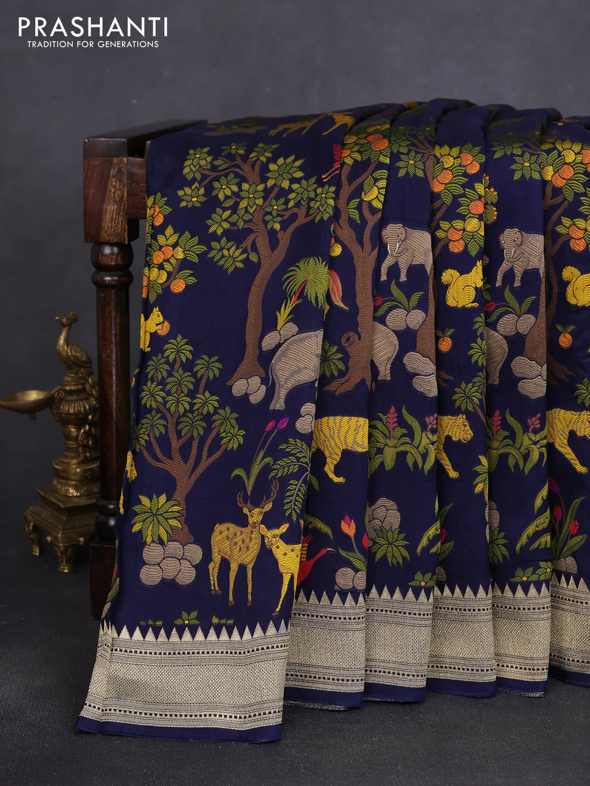 Dola silk saree navy blue with allover shikarga weaves and zari woven border - Image 2