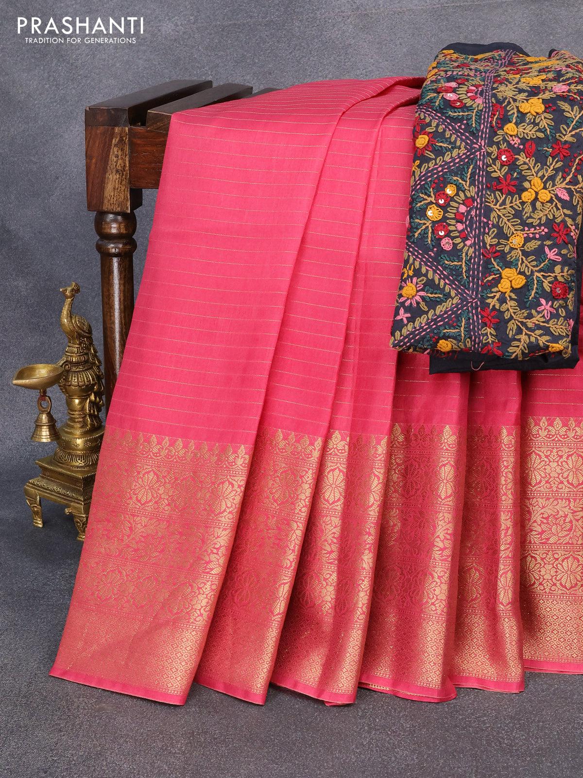 Dola silk saree pink shade and black with zari checked pattern and long zari woven border with embroidery work blouse