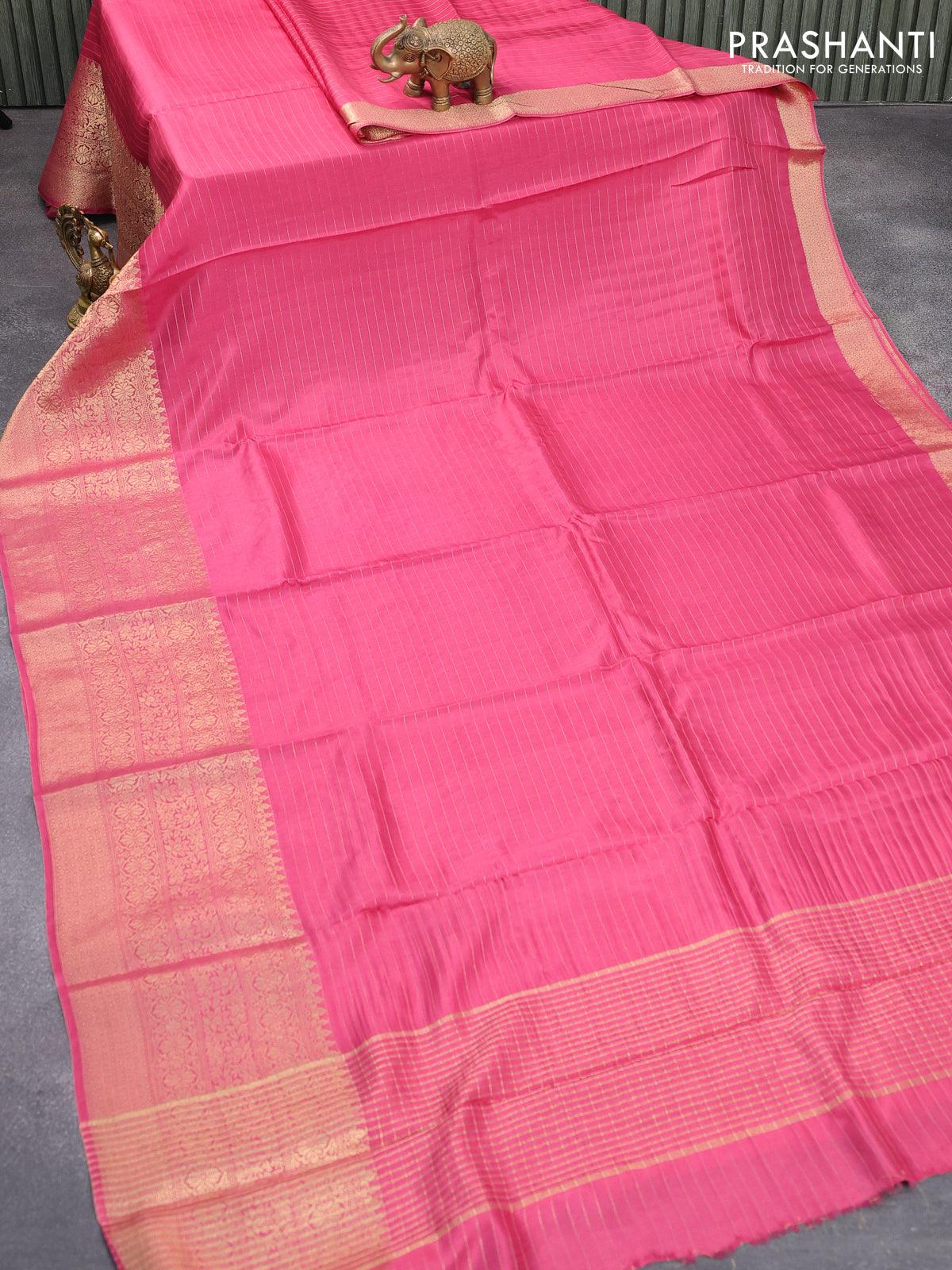 Dola silk saree pink shade and black with zari checked pattern and long zari woven border with embroidery work blouse - Image 2