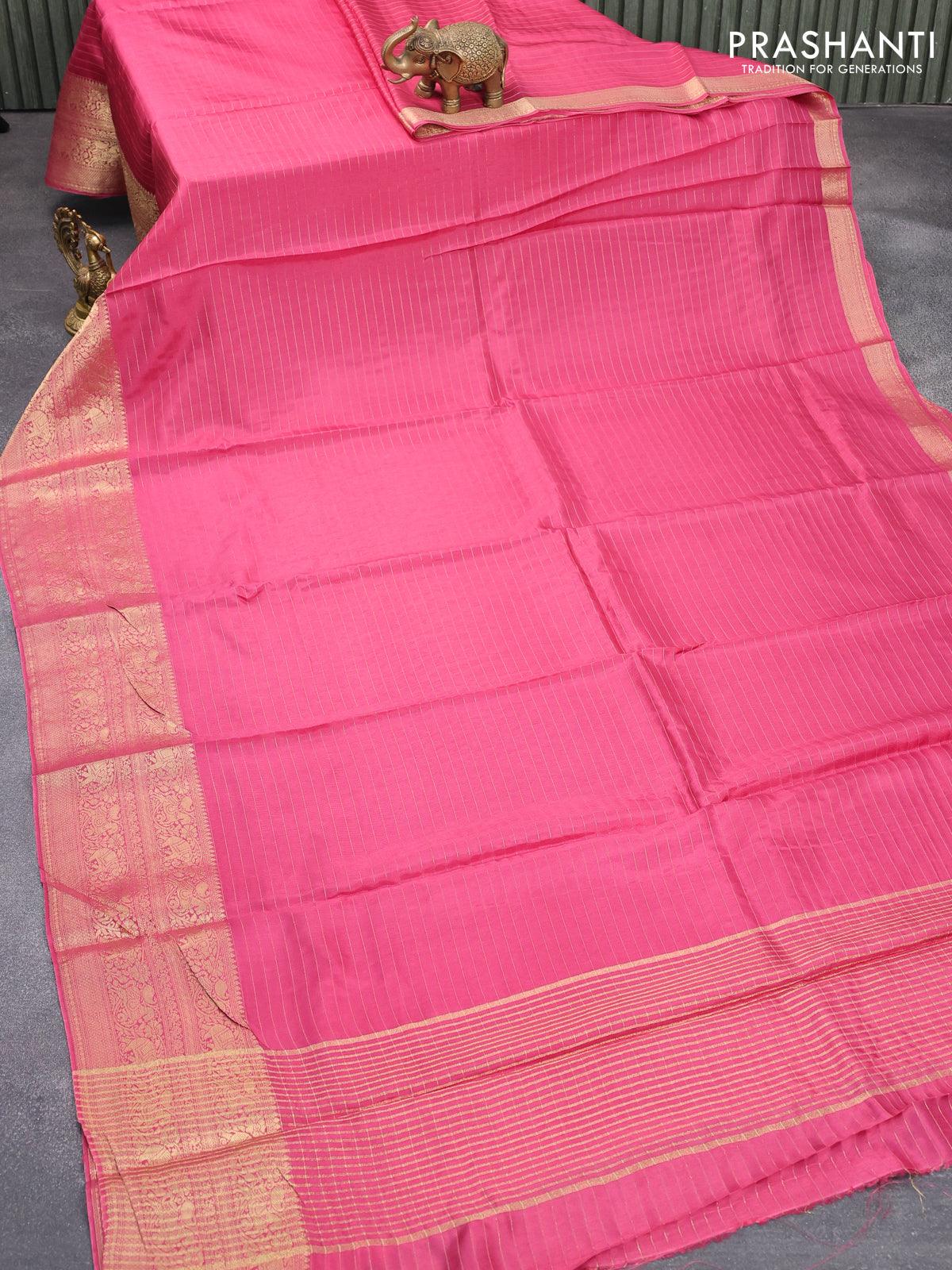 Dola silk saree pink shade and green with allover zari woven stripes pattern and long zari woven border with embroidery work blouse - Image 2