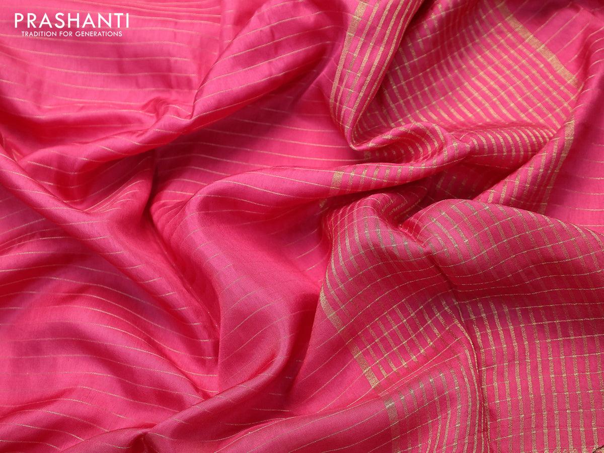 Dola silk saree pink shade and green with allover zari woven stripes pattern and long zari woven border with embroidery work blouse - Image 3