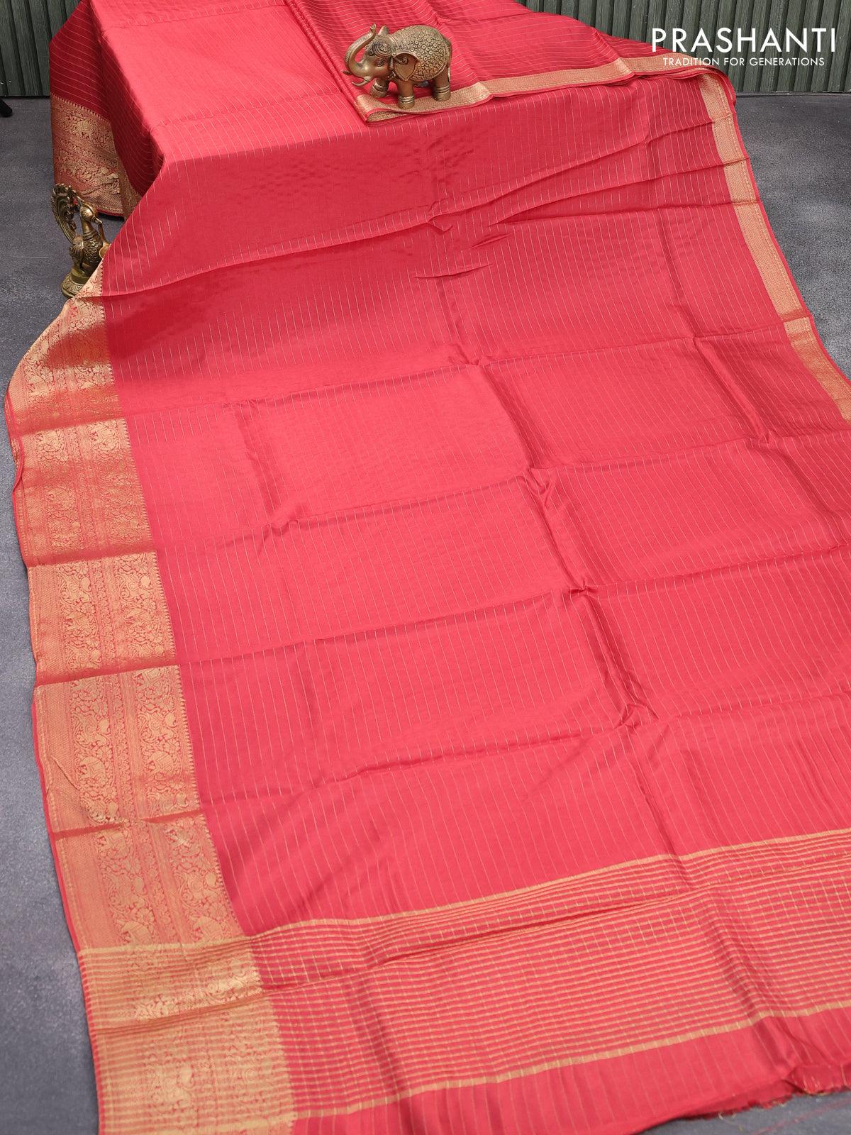 Dola silk saree red shade and cs blue with allover zari woven stripes pattern and zari woven border with embroidery work blouse - Image 2