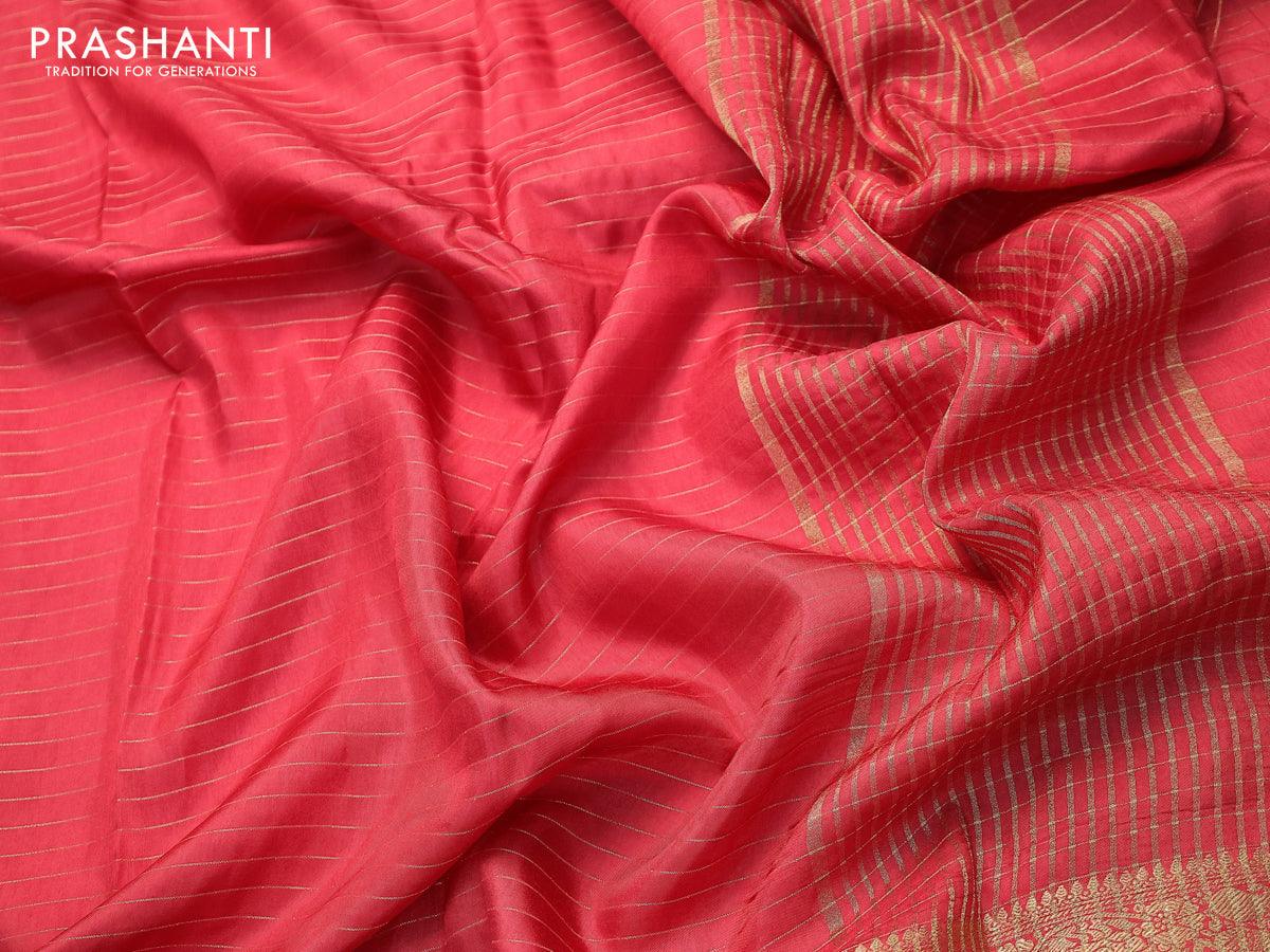 Dola silk saree red shade and cs blue with allover zari woven stripes pattern and zari woven border with embroidery work blouse - Image 3