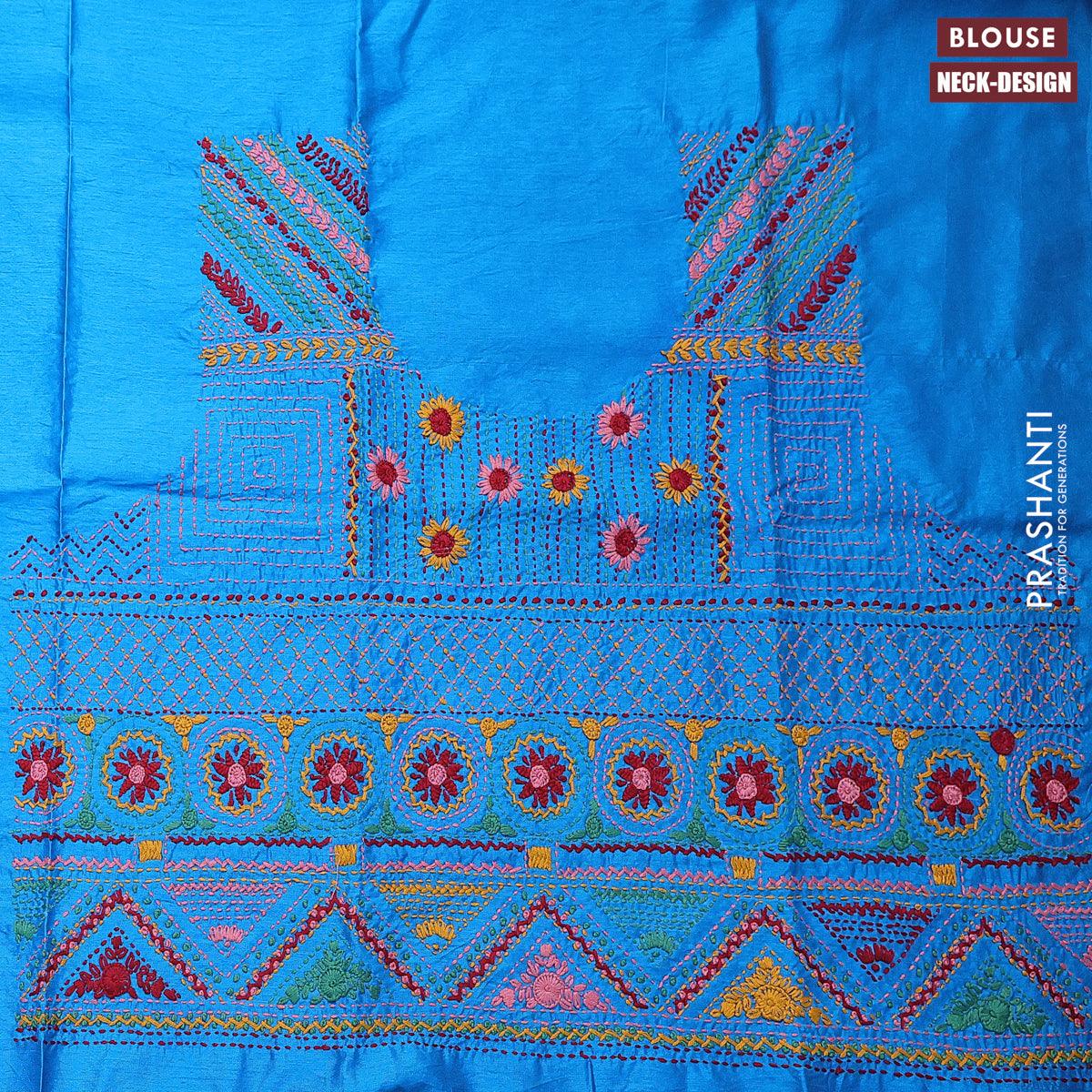 Dola silk saree red shade and cs blue with allover zari woven stripes pattern and zari woven border with embroidery work blouse - Image 4
