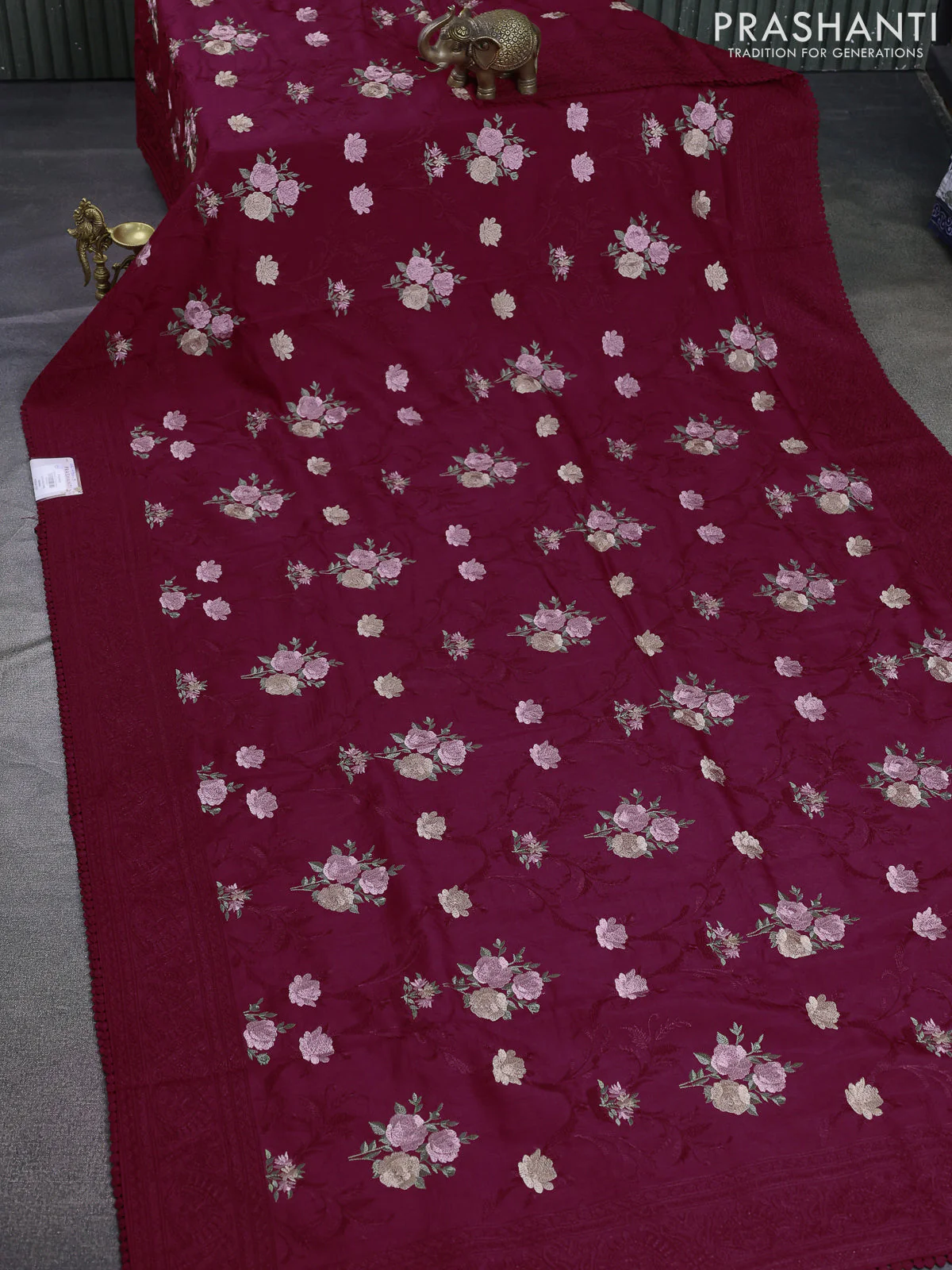 Dola silk saree red with allover floral embroidery work and chikankari work border - Image 2