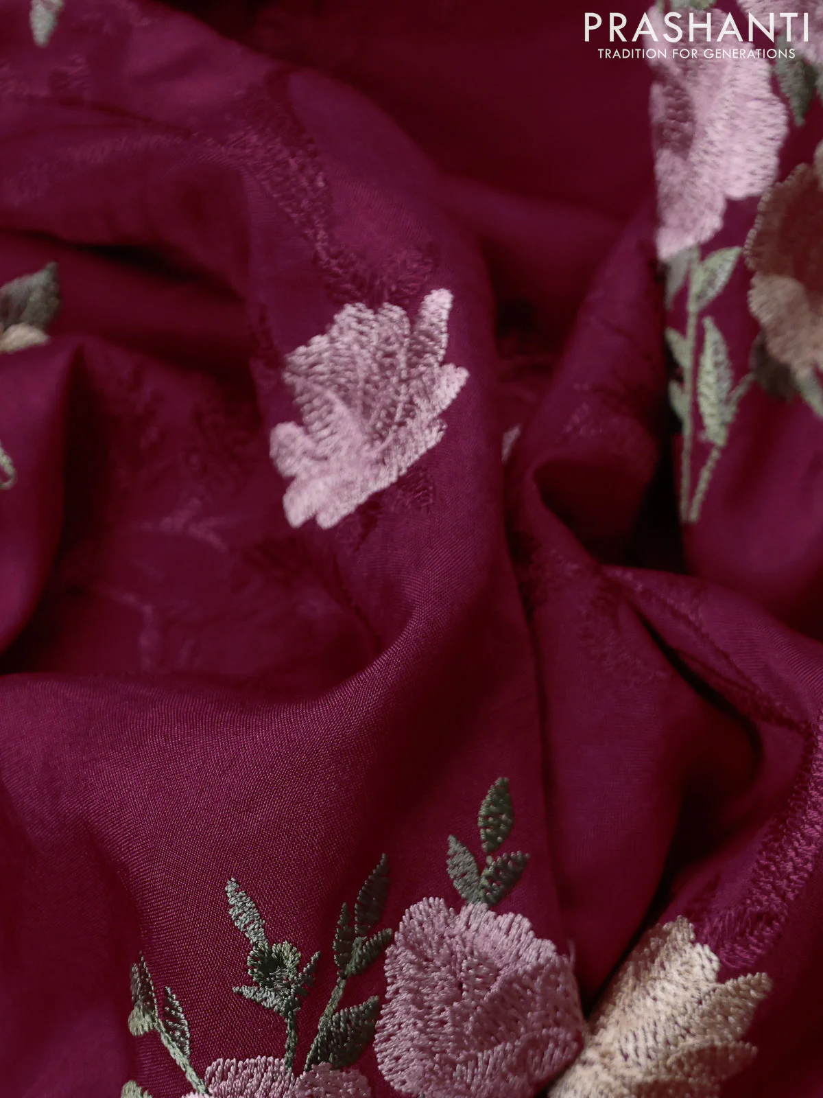 Dola silk saree red with allover floral embroidery work and chikankari work border - Image 3