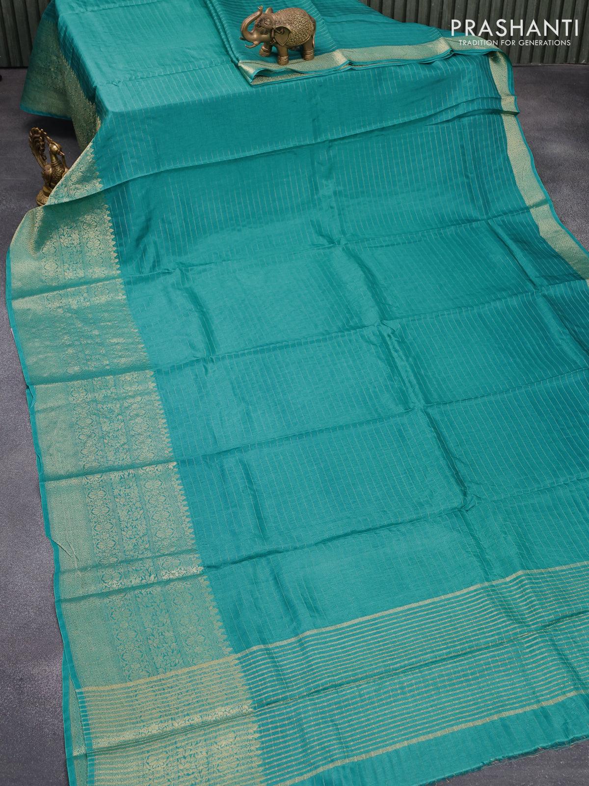 Dola silk saree teal blue and brown with allover zari woven stripes pattern and long zari woven border with embroidery work blouse - Image 2