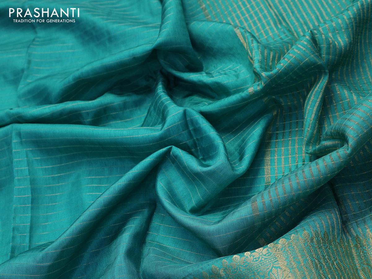 Dola silk saree teal blue and brown with allover zari woven stripes pattern and long zari woven border with embroidery work blouse - Image 3