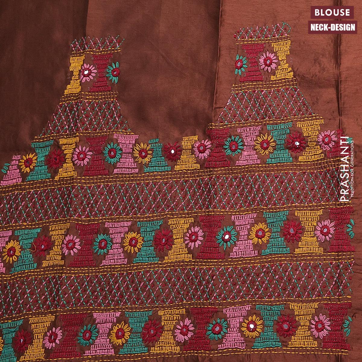 Dola silk saree teal blue and brown with allover zari woven stripes pattern and long zari woven border with embroidery work blouse - Image 4