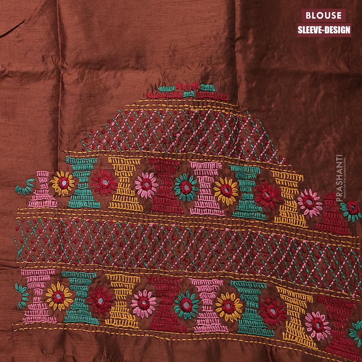 Dola silk saree teal blue and brown with allover zari woven stripes pattern and long zari woven border with embroidery work blouse - Image 5