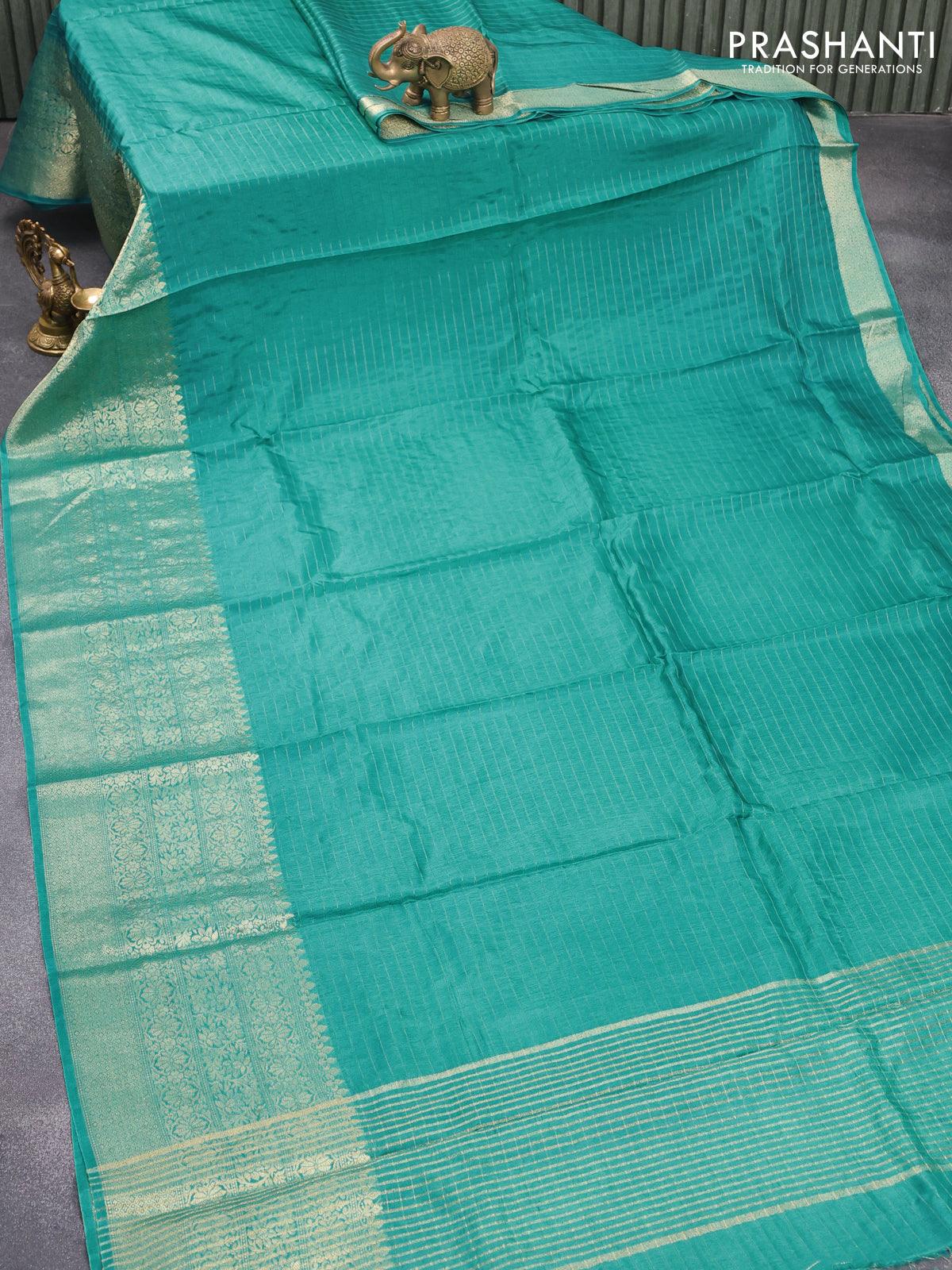 Dola silk saree teal blue and brown with allover zari woven stripes pattern and long zari woven border with embroidery work blouse - Image 2