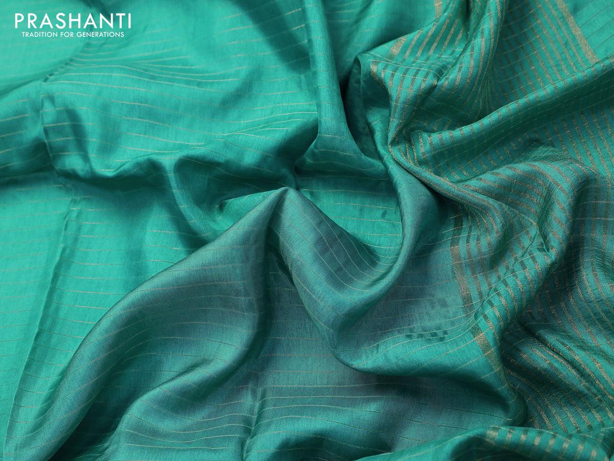 Dola silk saree teal blue and brown with allover zari woven stripes pattern and long zari woven border with embroidery work blouse - Image 3