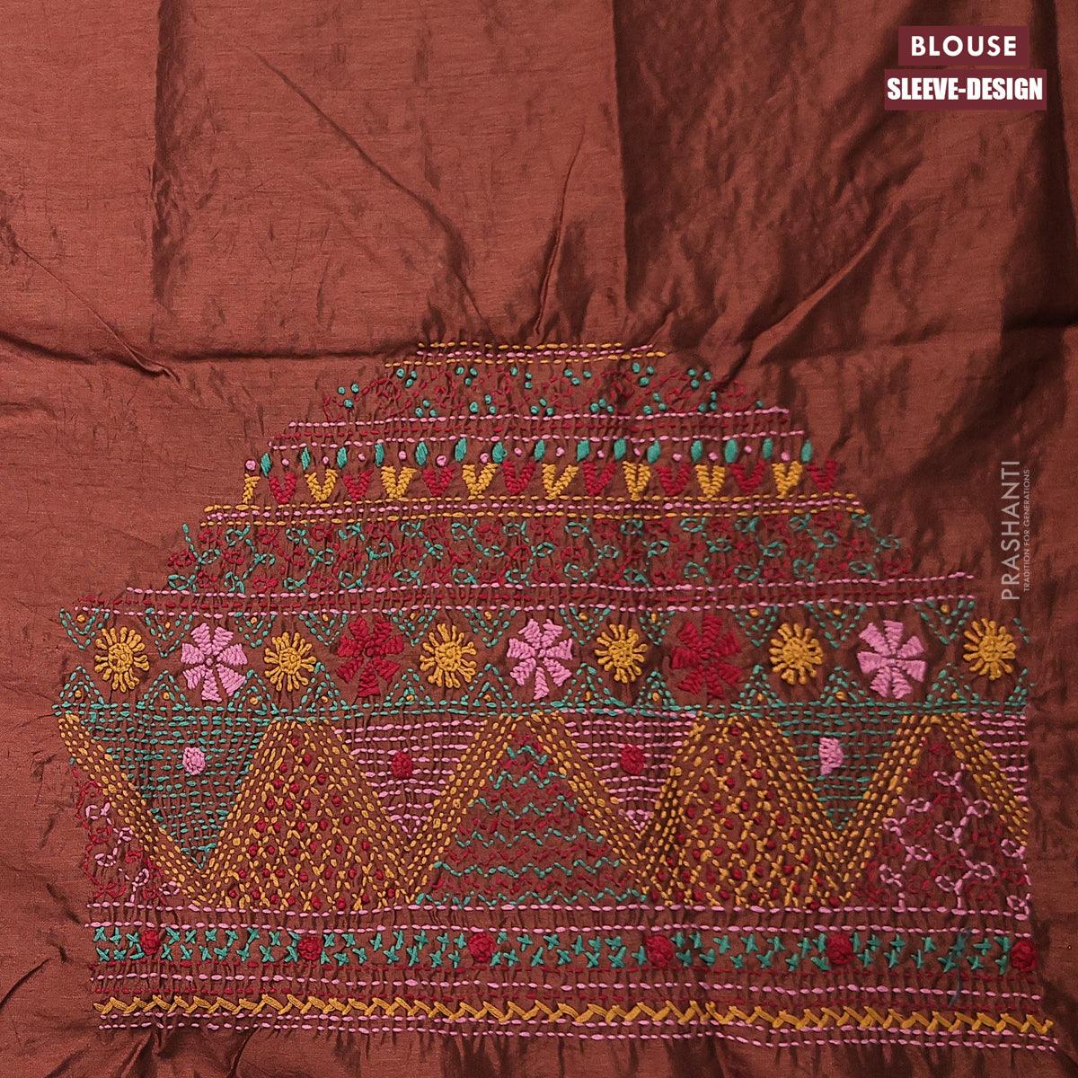 Dola silk saree teal blue and brown with allover zari woven stripes pattern and long zari woven border with embroidery work blouse - Image 5