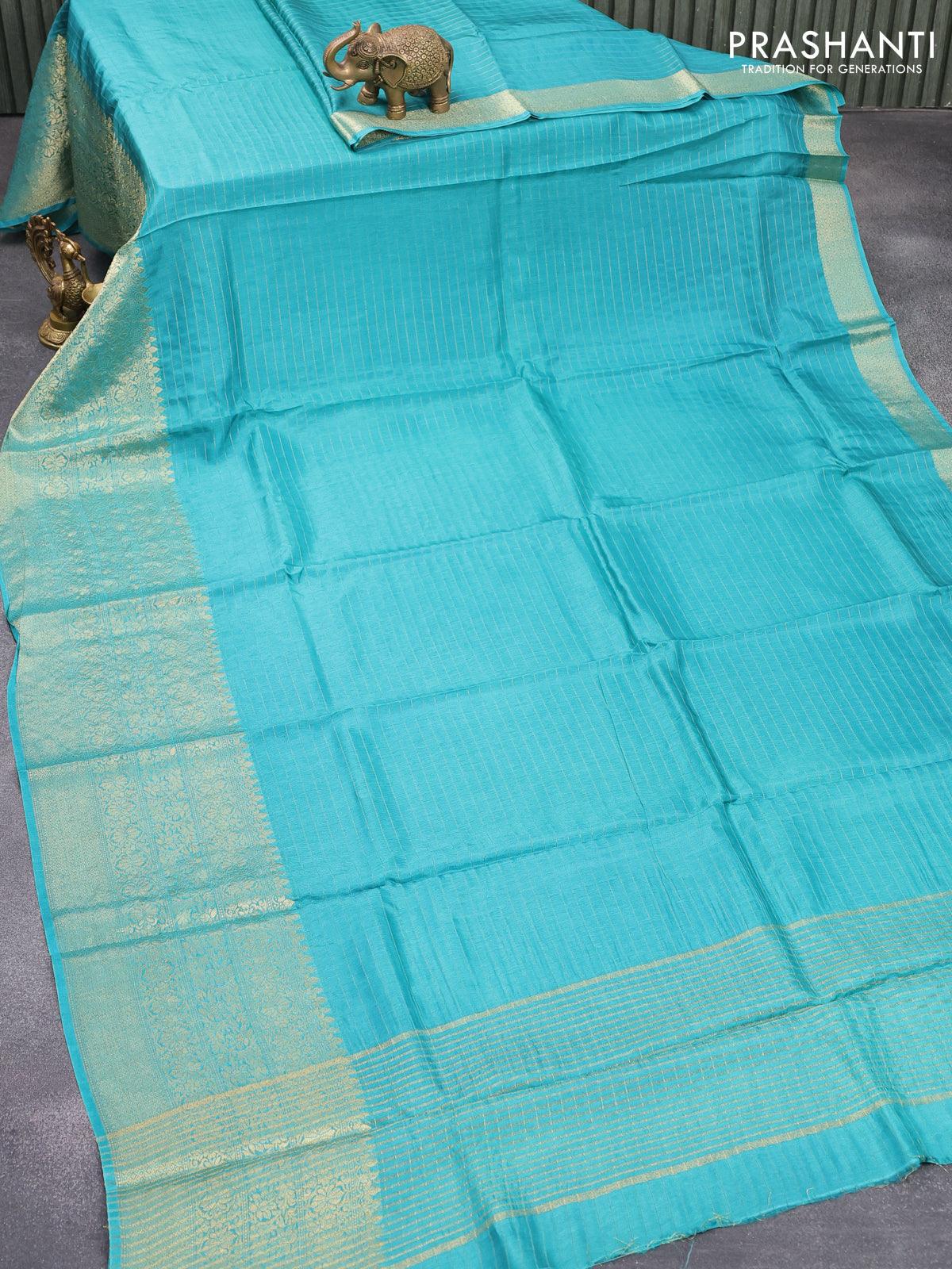 Dola silk saree teal blue and brown with allover zari woven stripes pattern and zari woven border with embroidery work blouse - Image 2