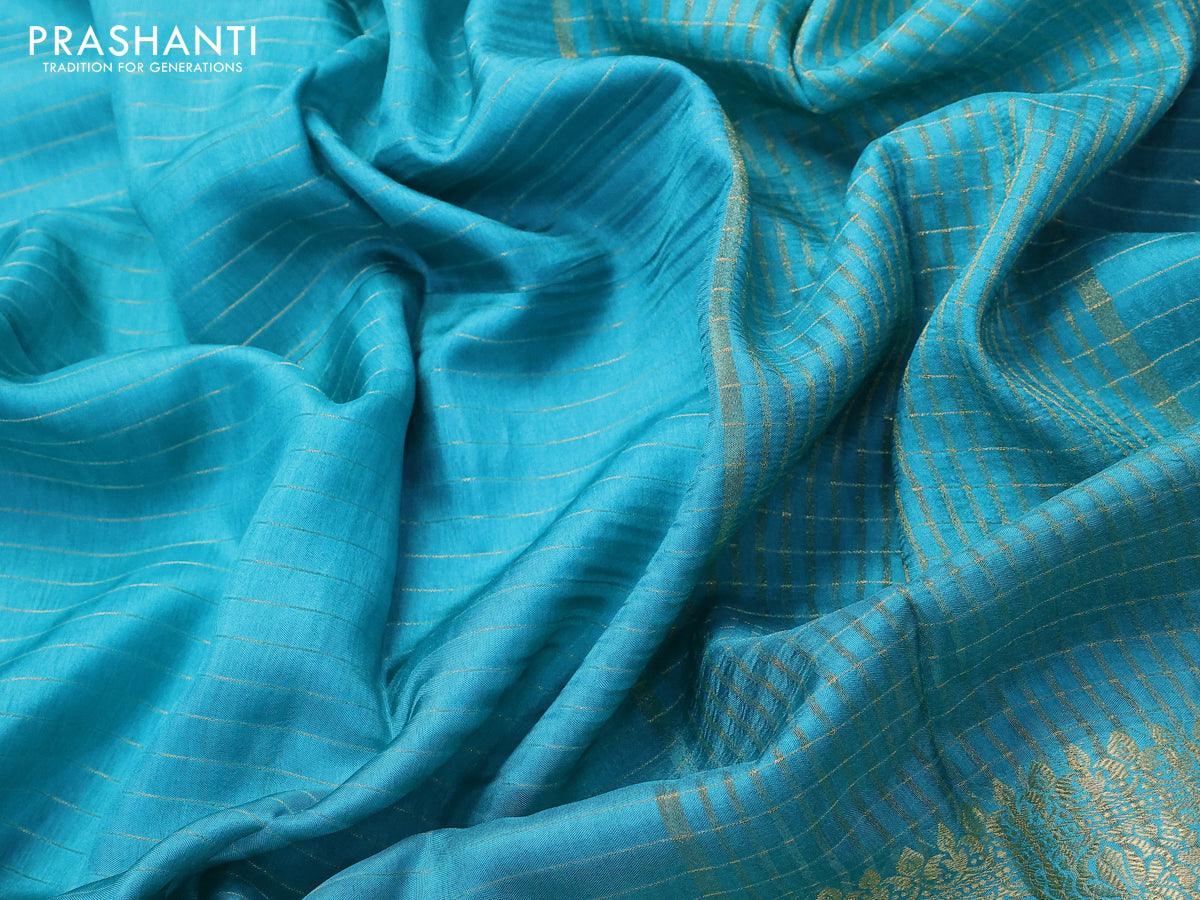 Dola silk saree teal blue and brown with allover zari woven stripes pattern and zari woven border with embroidery work blouse - Image 3