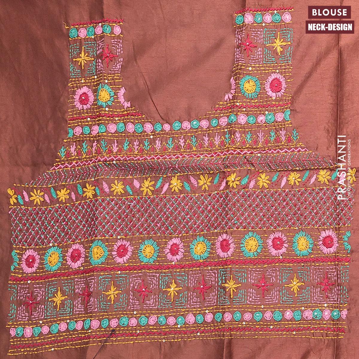 Dola silk saree teal blue and brown with allover zari woven stripes pattern and zari woven border with embroidery work blouse - Image 4