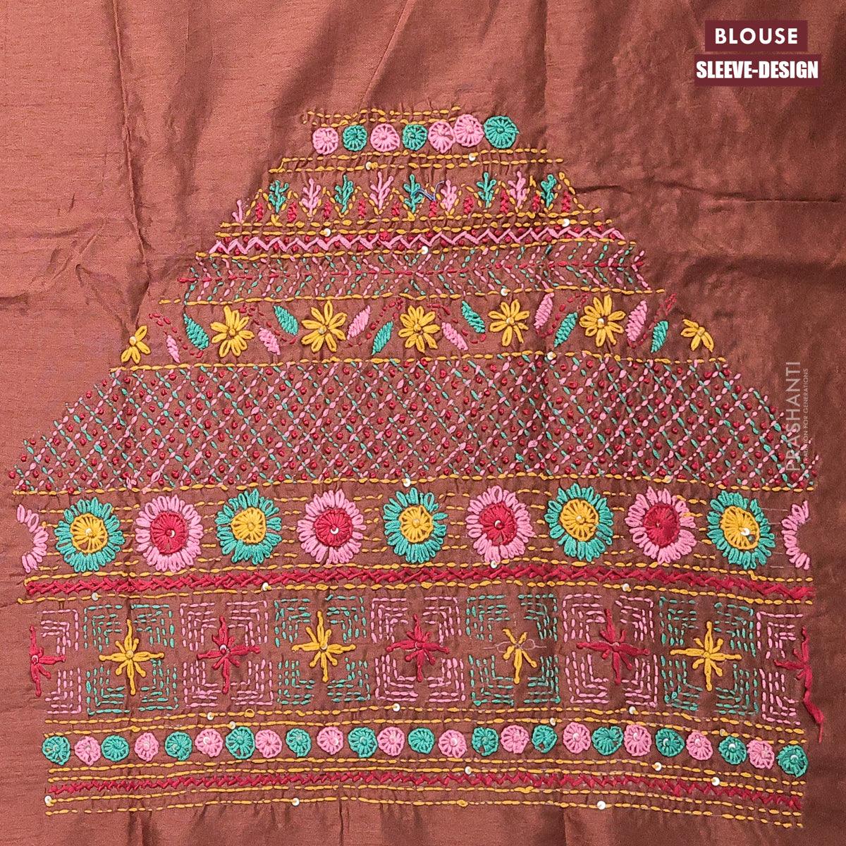 Dola silk saree teal blue and brown with allover zari woven stripes pattern and zari woven border with embroidery work blouse - Image 5