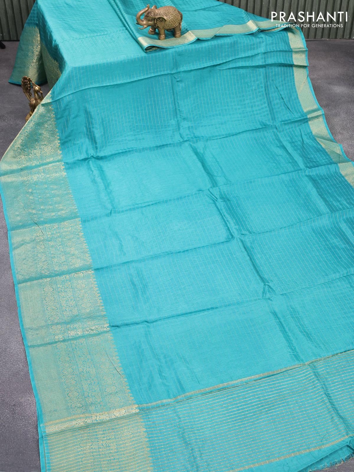 Dola silk saree teal blue and maroon with allover zari woven stripes pattern and long zari woven border with embroidery work blouse - Image 2