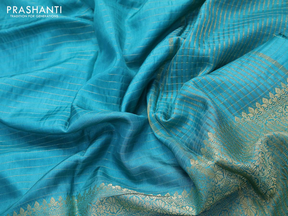 Dola silk saree teal blue and maroon with allover zari woven stripes pattern and long zari woven border with embroidery work blouse - Image 3