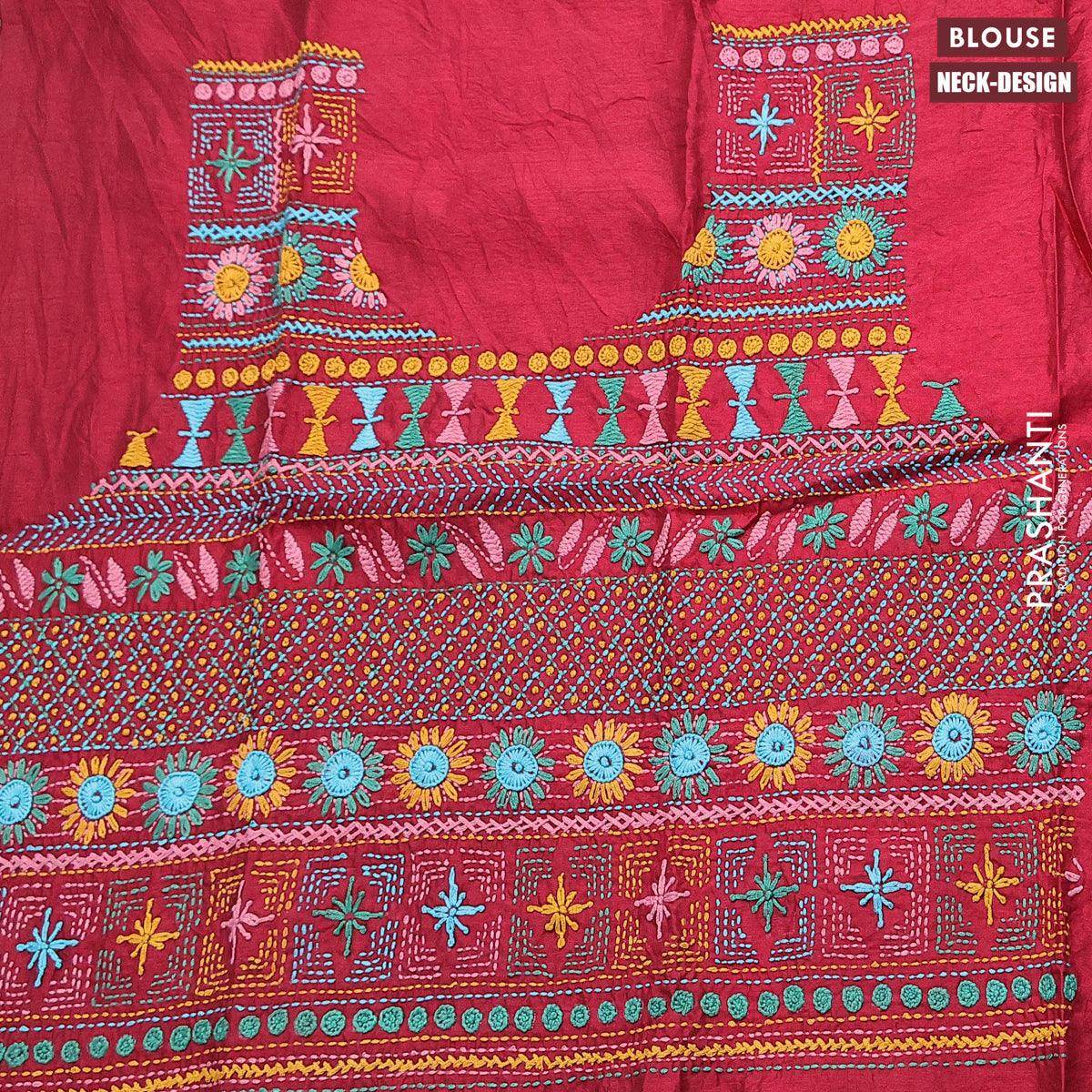 Dola silk saree teal blue and maroon with allover zari woven stripes pattern and long zari woven border with embroidery work blouse - Image 4