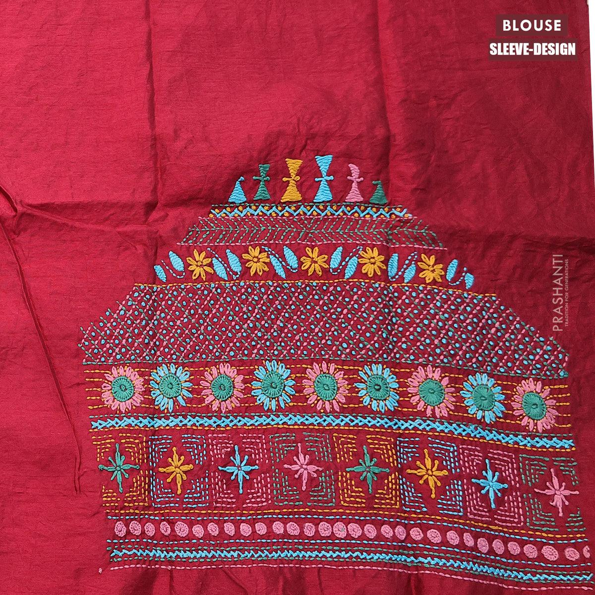 Dola silk saree teal blue and maroon with allover zari woven stripes pattern and long zari woven border with embroidery work blouse - Image 5