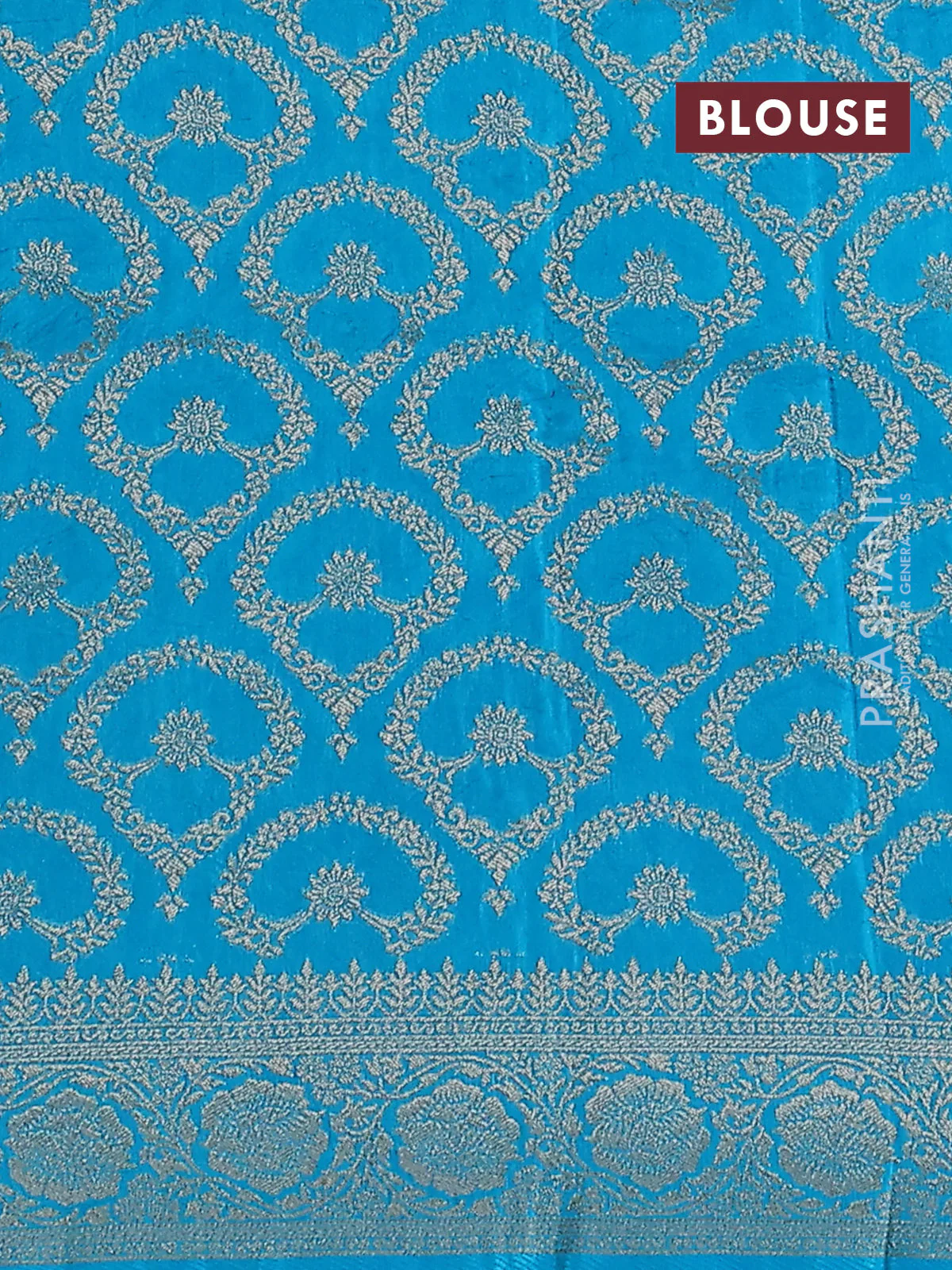 Dola silk saree teal blue with plain body and zari woven border - Image 3