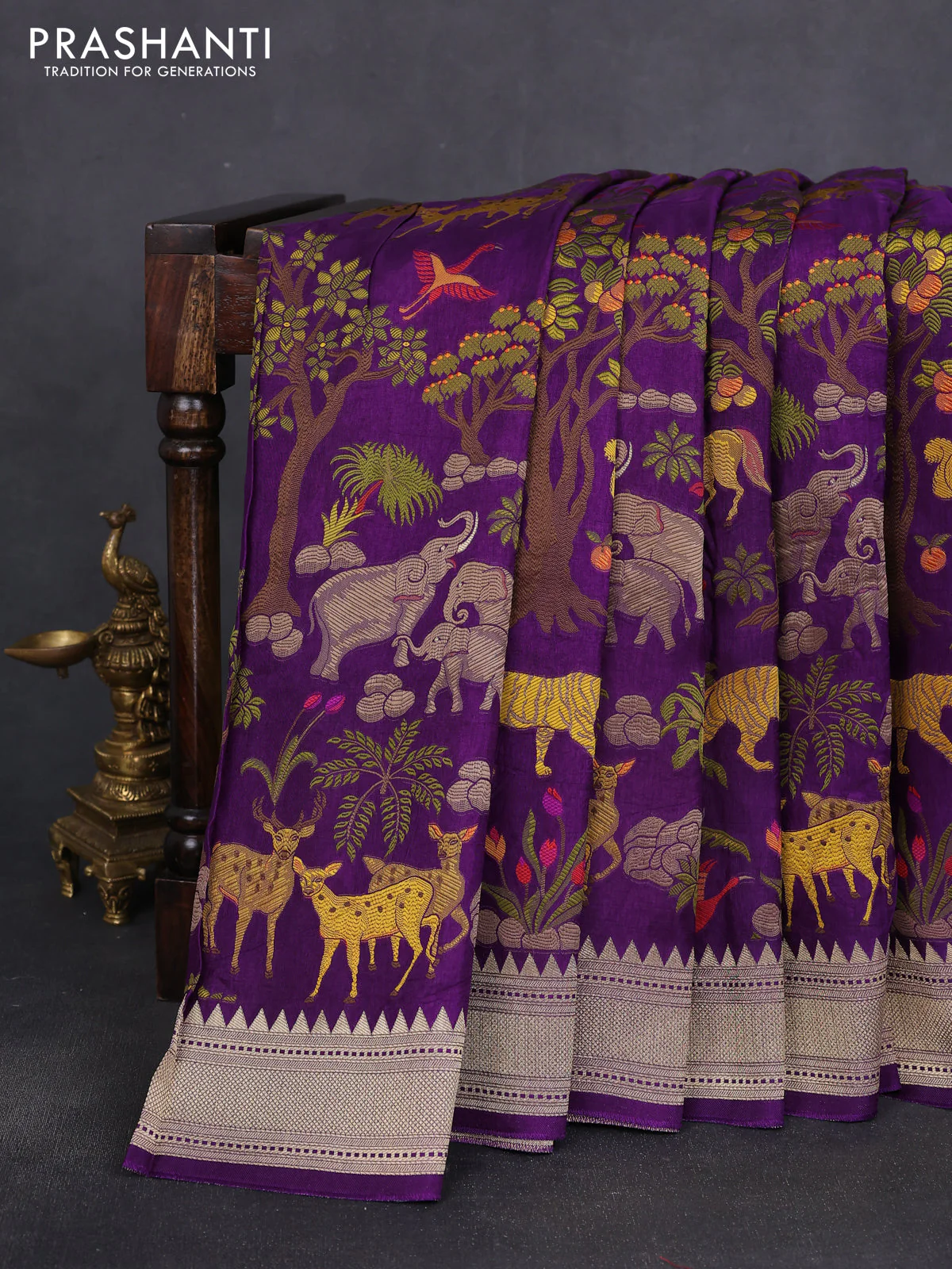 Dola silk saree violet with allover shikarga weaves and zari woven border - Image 2