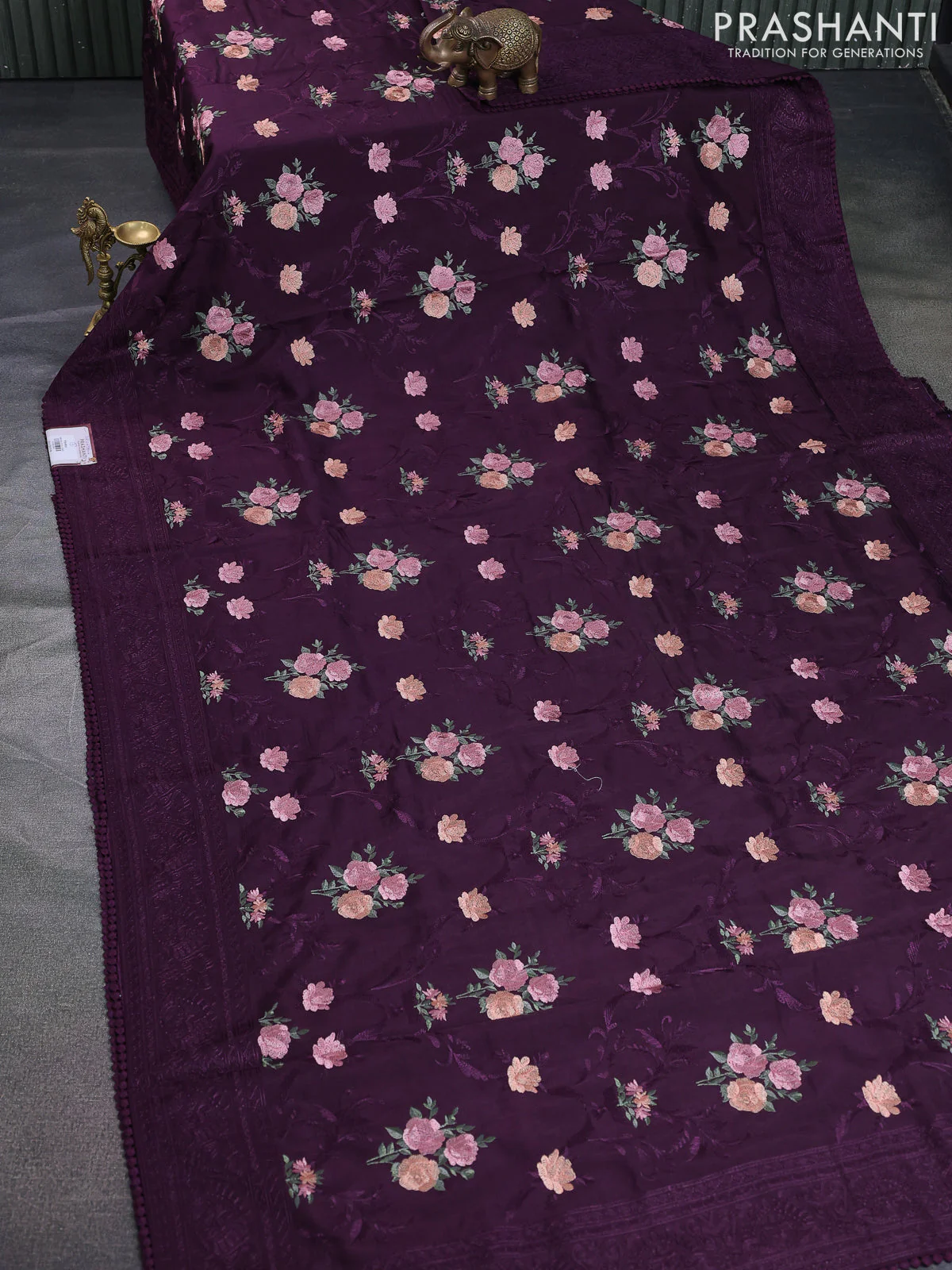 Dola silk saree wine shade with allover floral embroidery work and chikankari work border - Image 2