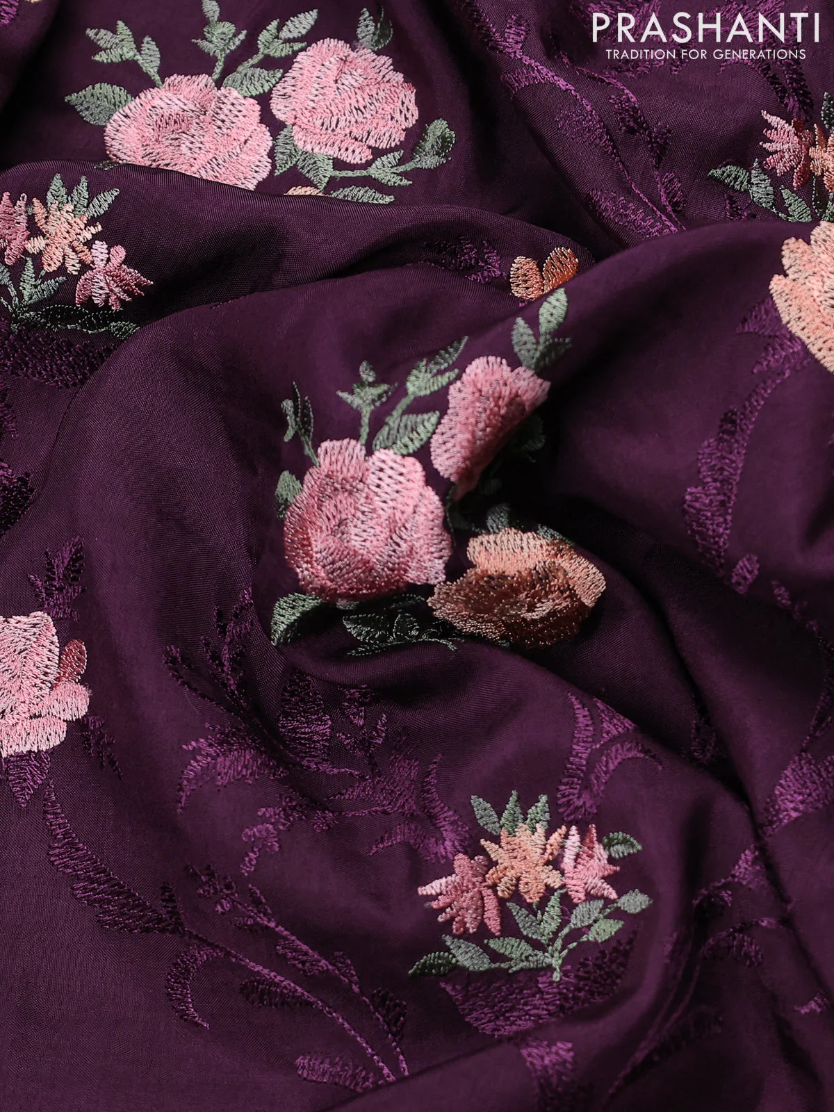 Dola silk saree wine shade with allover floral embroidery work and chikankari work border - Image 3
