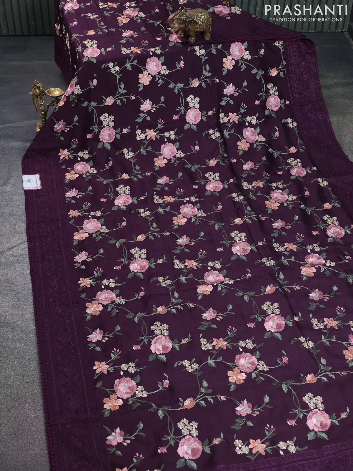 Dola silk saree wine shade with allover floral embroidery work and chikankari work border - Image 2