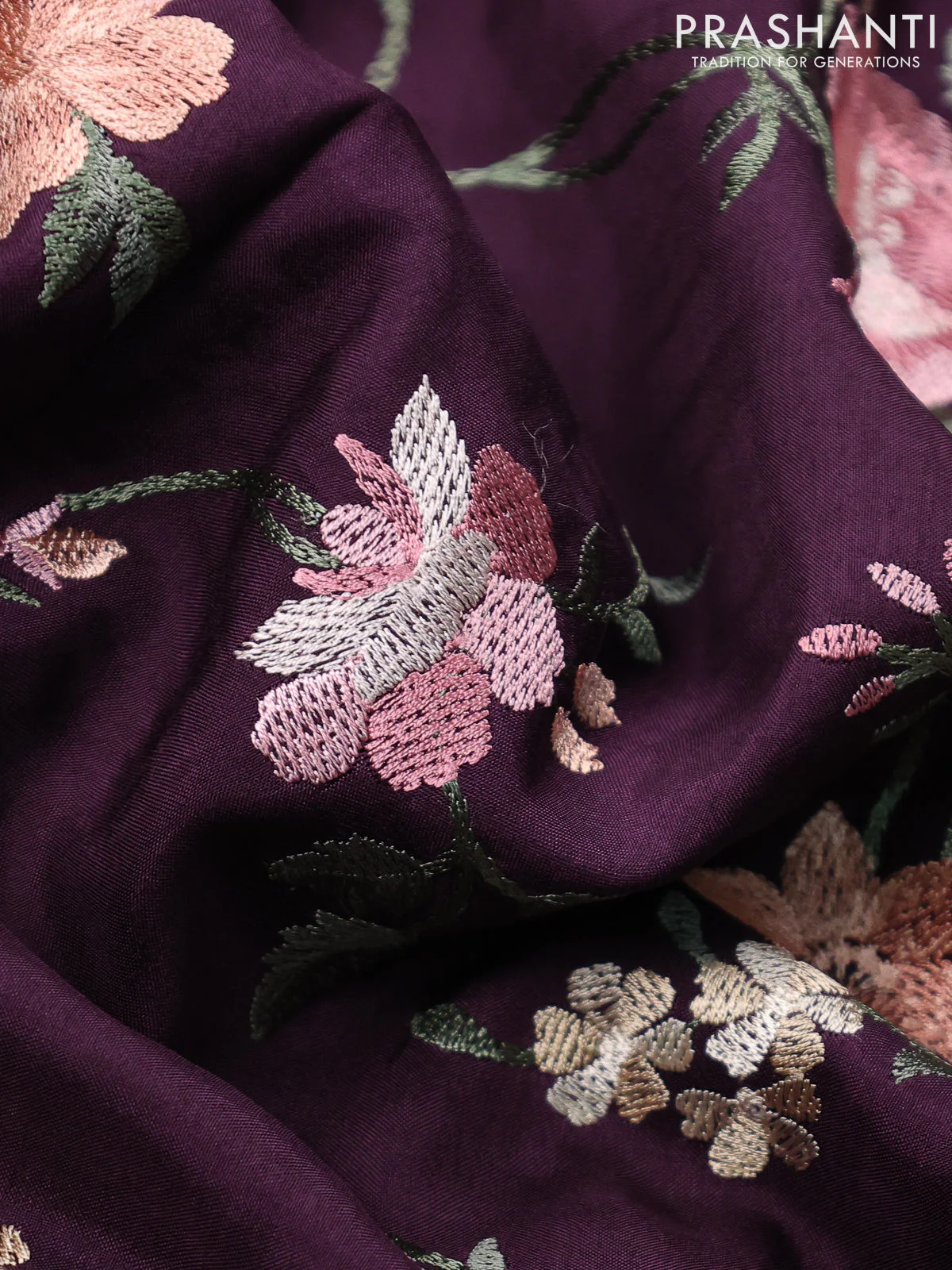 Dola silk saree wine shade with allover floral embroidery work and chikankari work border - Image 3