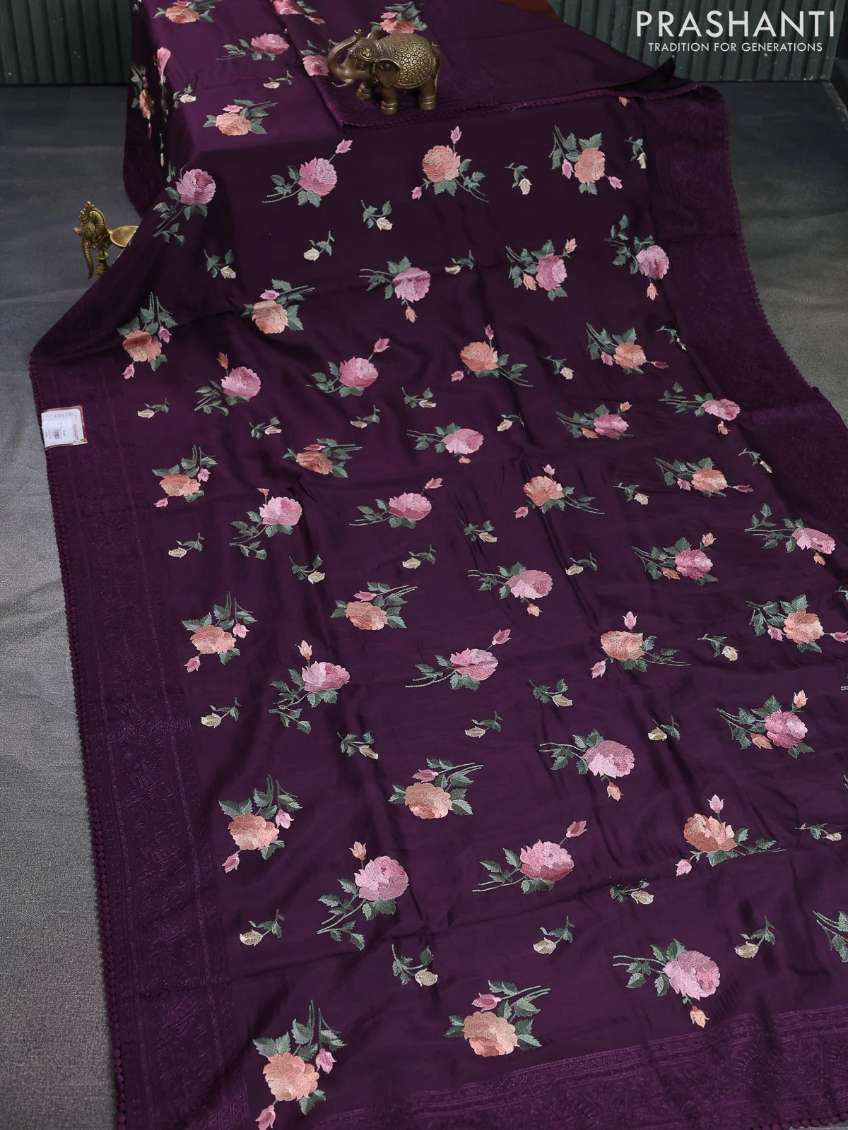 Dola silk saree wine shade with allover floral embroidery work and chikankari work border - Image 2