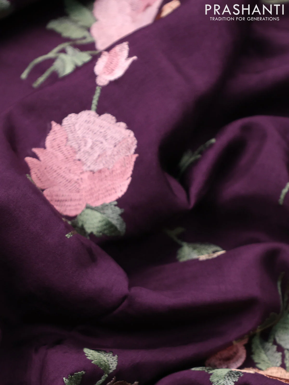 Dola silk saree wine shade with allover floral embroidery work and chikankari work border - Image 3
